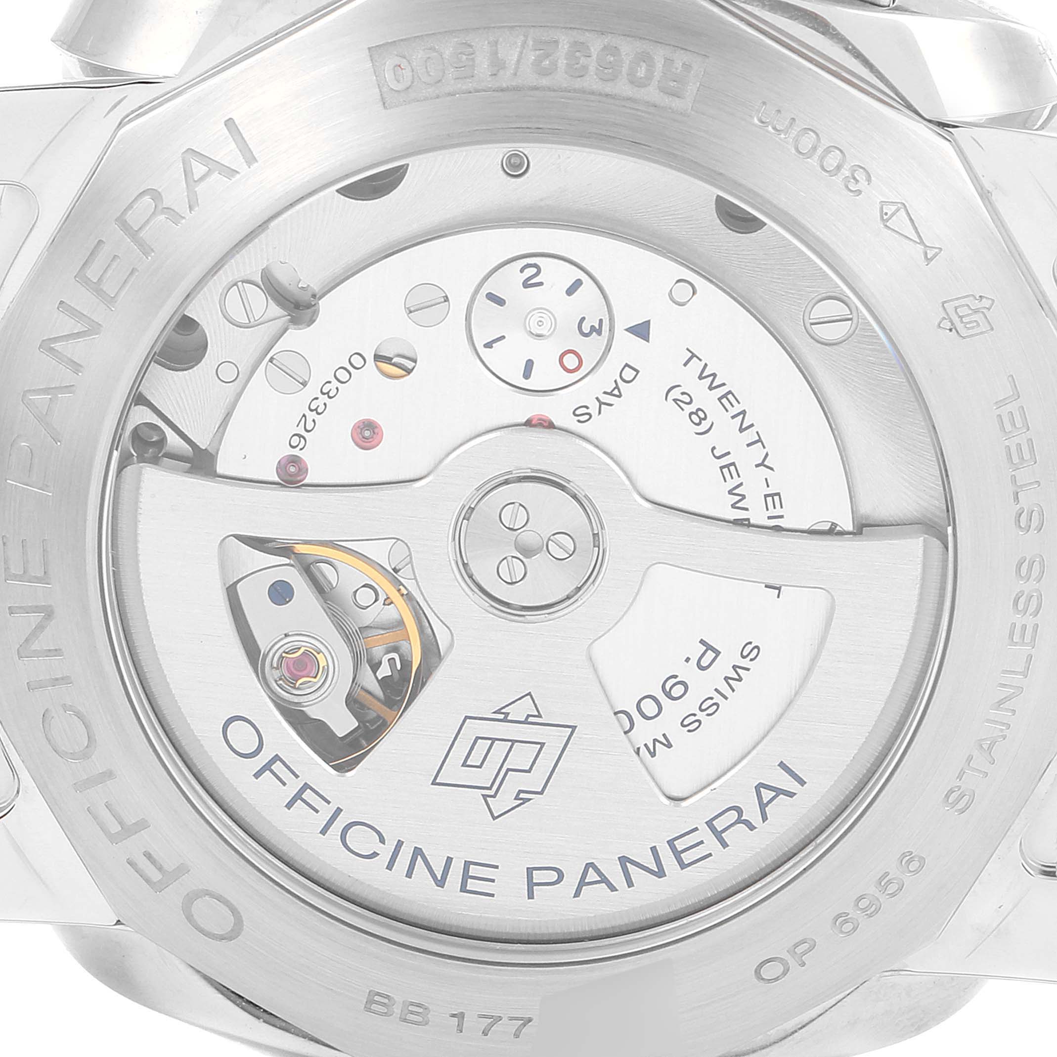This image shows the back side view of the Luminor model watch by Panerai, highlighting the movement and engraved details.