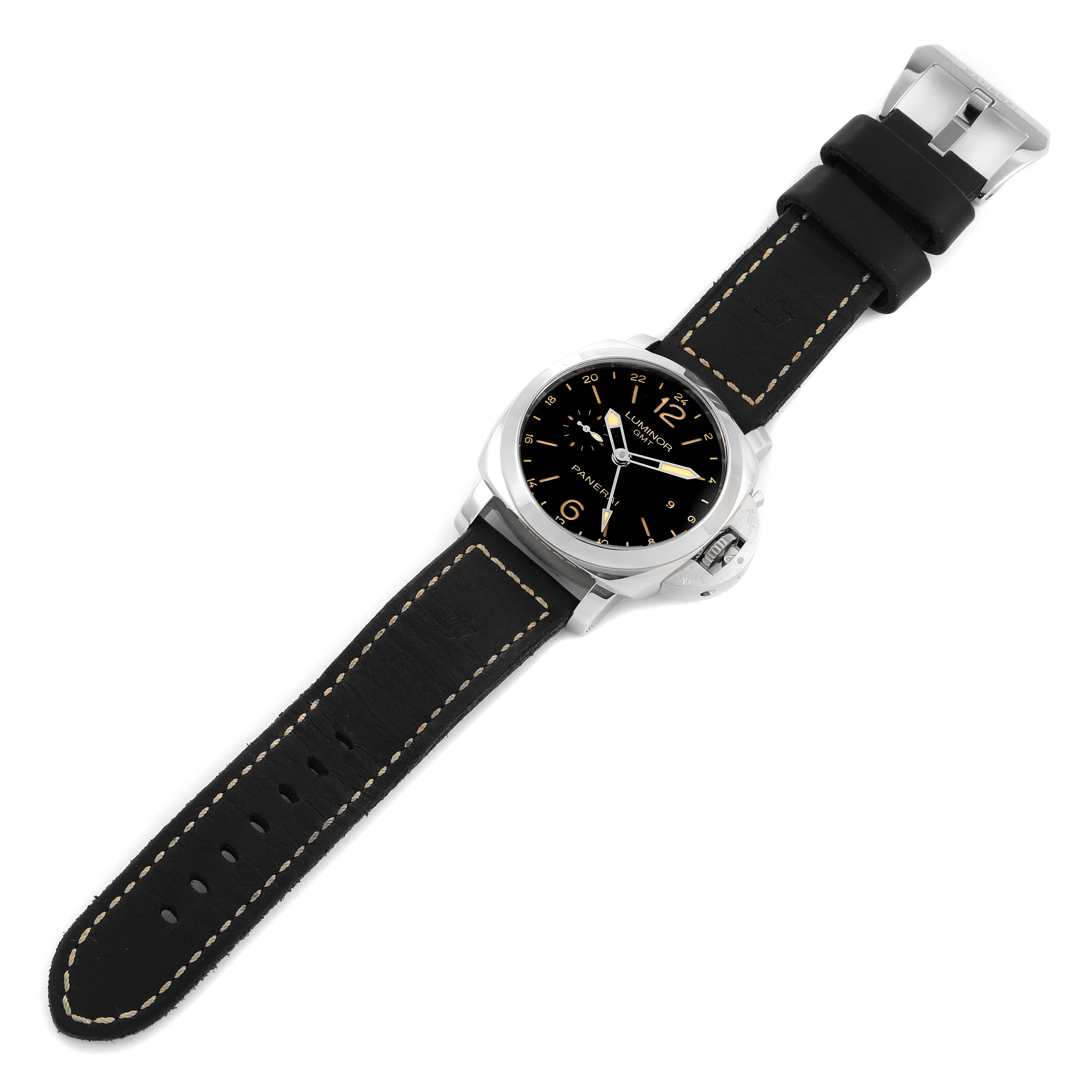 The Panerai Luminor PAM00531 Men's Stainless Steel Black Dial PAM00531 Men's Stainless Steel Black Dial watch is shown at a top-down angle, displaying its black dial, case, and leather strap.