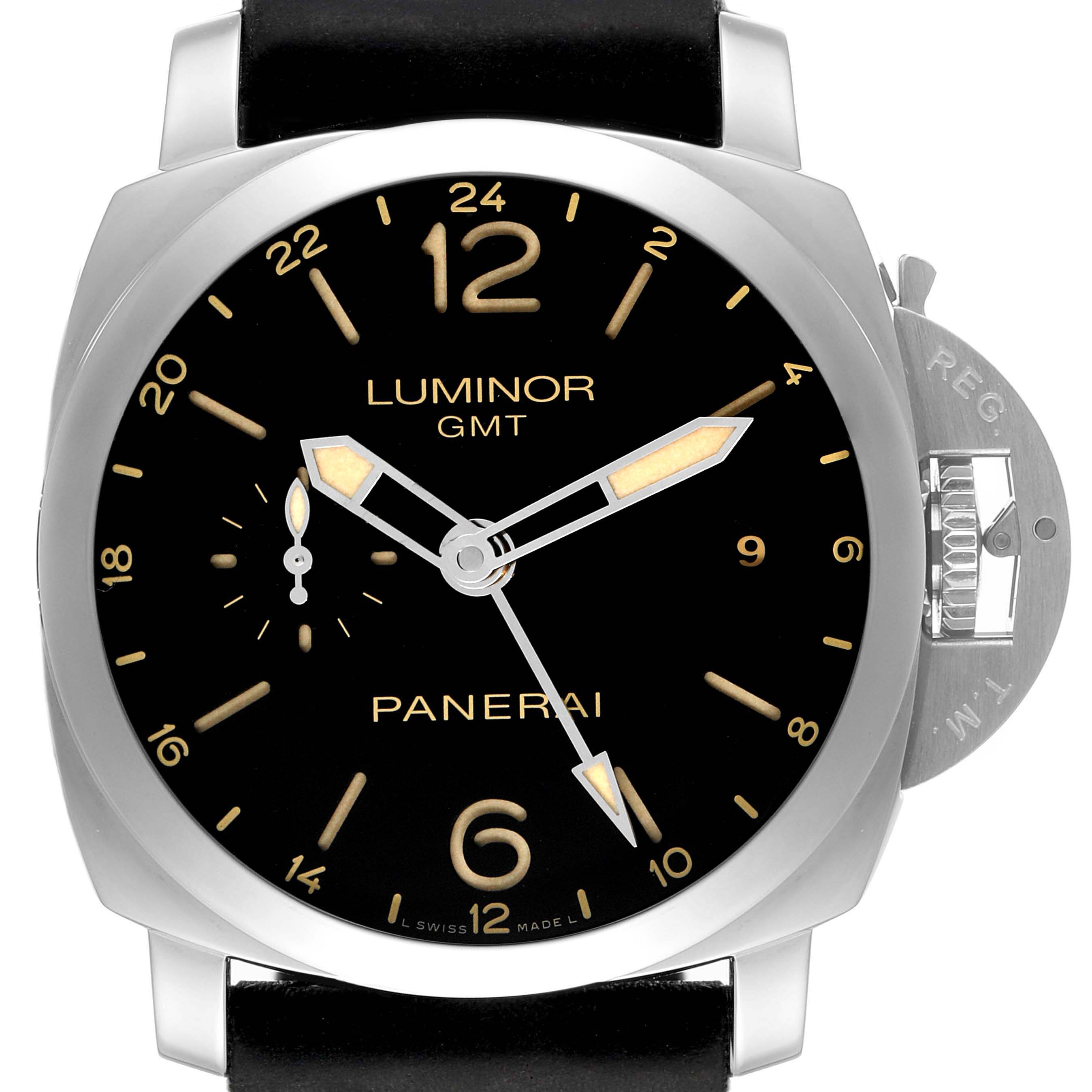 The image shows a front view of the Panerai Luminor PAM00531 Men's Stainless Steel Black Dial PAM00531 Men's Stainless Steel Black Dial GMT watch, highlighting its black dial, luminous hands, and distinctive crown guard.