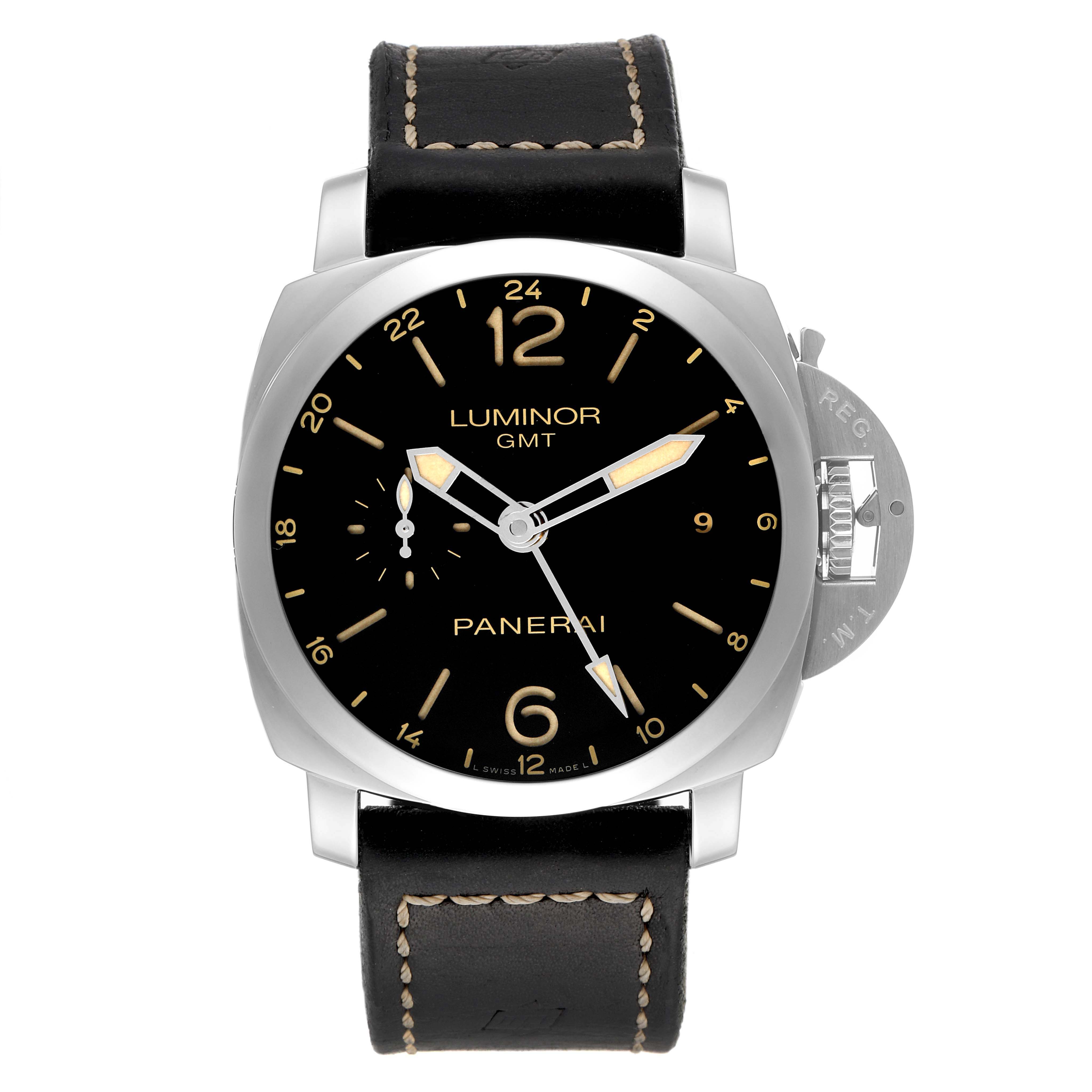 The image shows a front view of the Panerai Luminor PAM00531 Men's Stainless Steel Black Dial PAM00531 Men's Stainless Steel Black Dial GMT watch, featuring a black dial and a black leather strap.