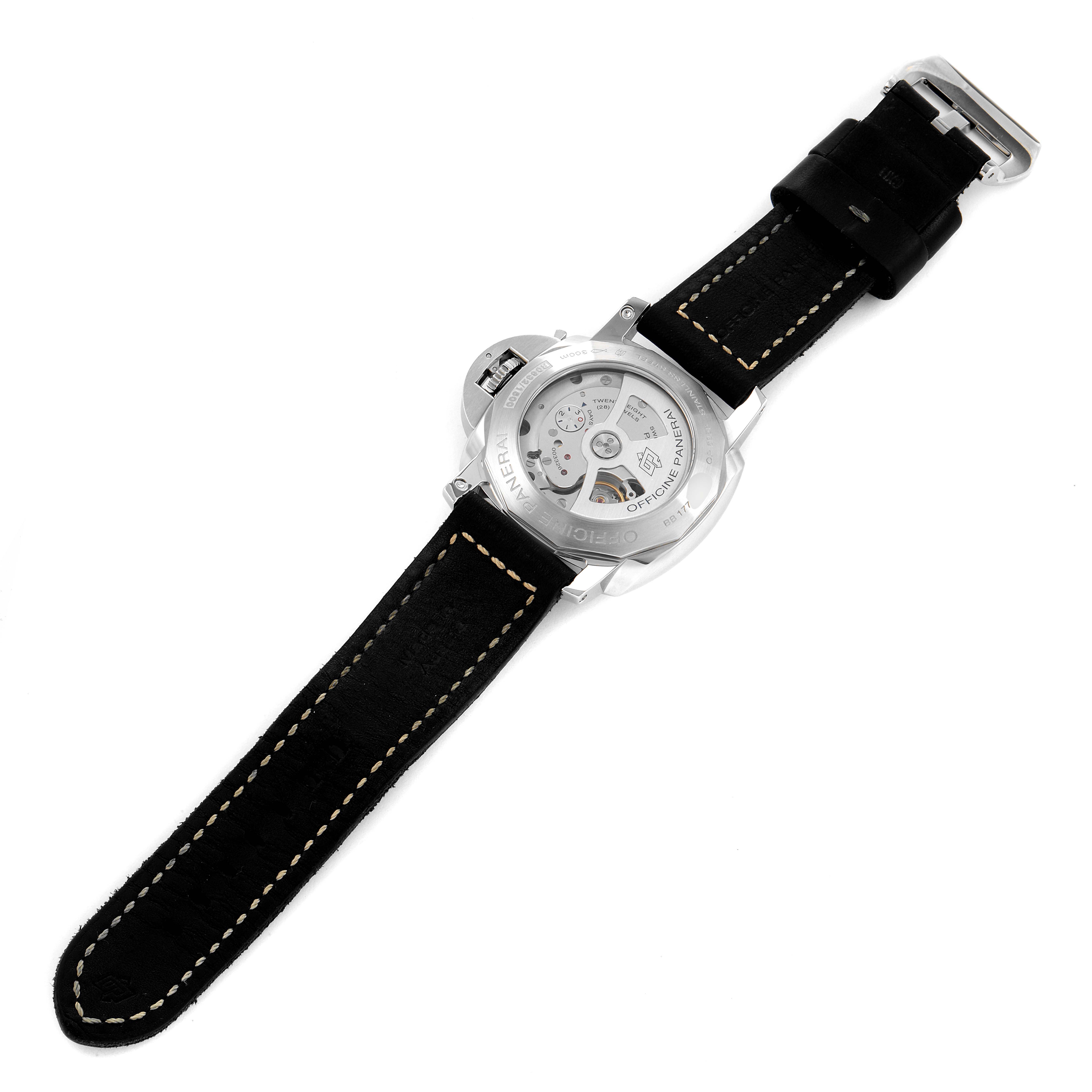 The image shows the rear view of a Panerai Luminor PAM00531 Men's Stainless Steel Black Dial PAM00531 Men's Stainless Steel Black Dial watch, displaying its transparent back case and black leather strap.