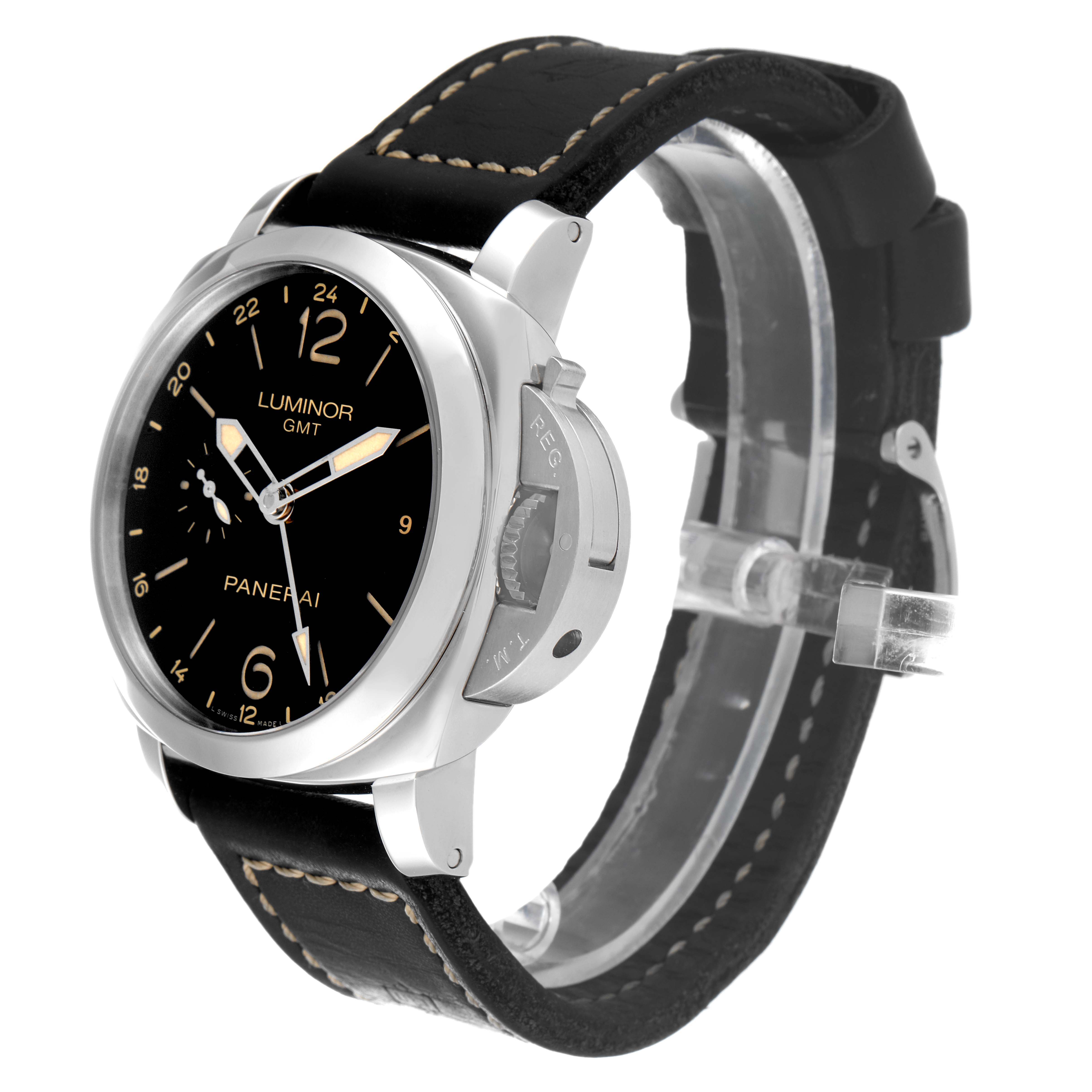 The Panerai Luminor PAM00531 Men's Stainless Steel Black Dial PAM00531 Men's Stainless Steel Black Dial model watch is shown at a slight angle, highlighting its black dial, crown guard, and black leather strap.