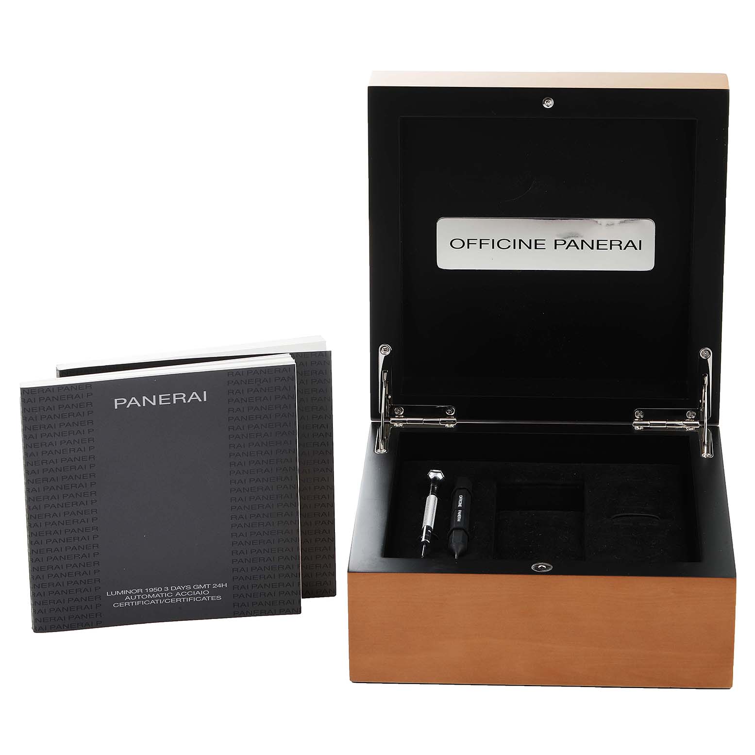 This image shows the open box and manuals of the Panerai Luminor PAM00531 Men's Stainless Steel Black Dial PAM00531 Men's Stainless Steel Black Dial model, displaying the case interior and included tools.