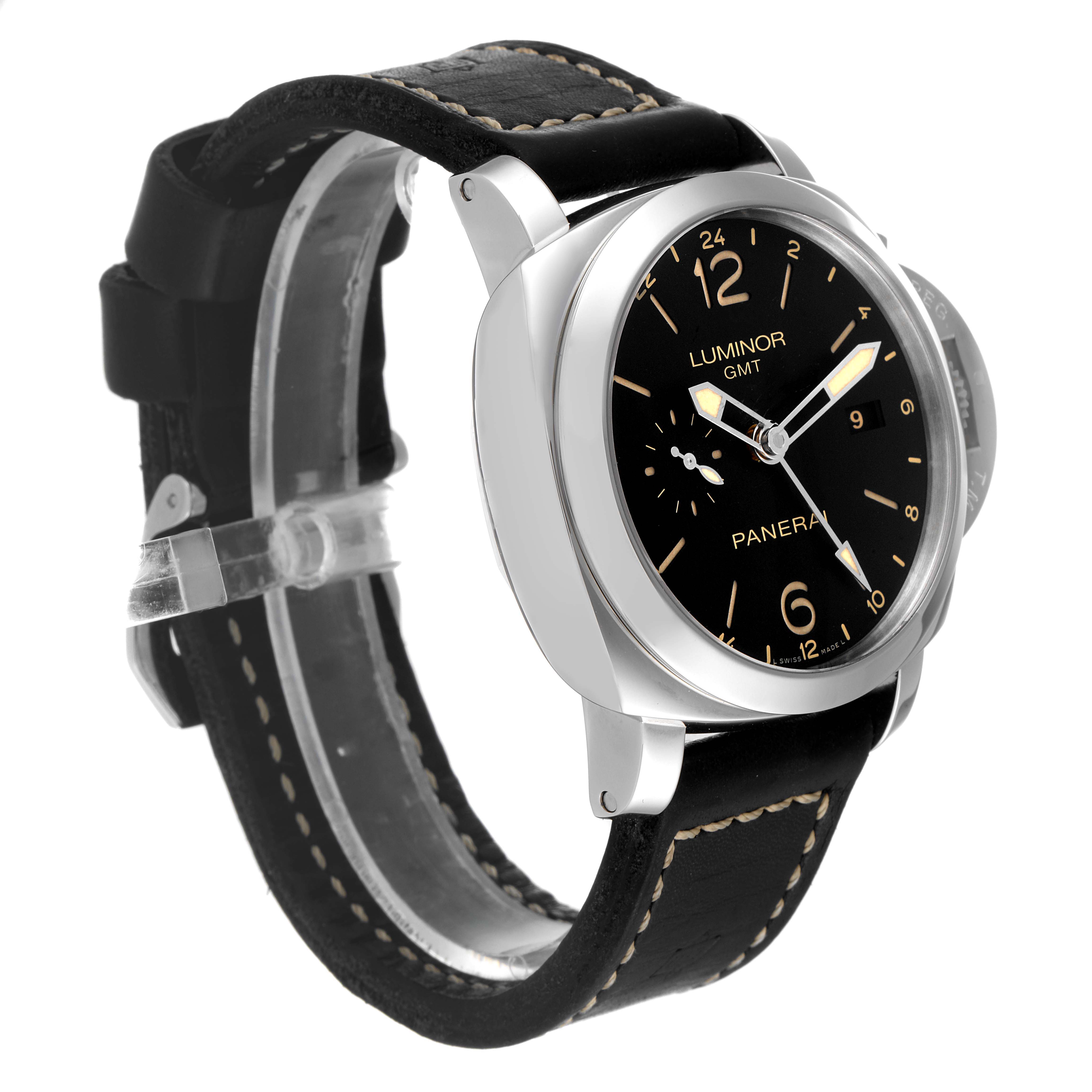 The image shows a Panerai Luminor PAM00531 Men's Stainless Steel Black Dial PAM00531 Men's Stainless Steel Black Dial watch at an angled side view, highlighting its black dial, leather strap, and crown guard.