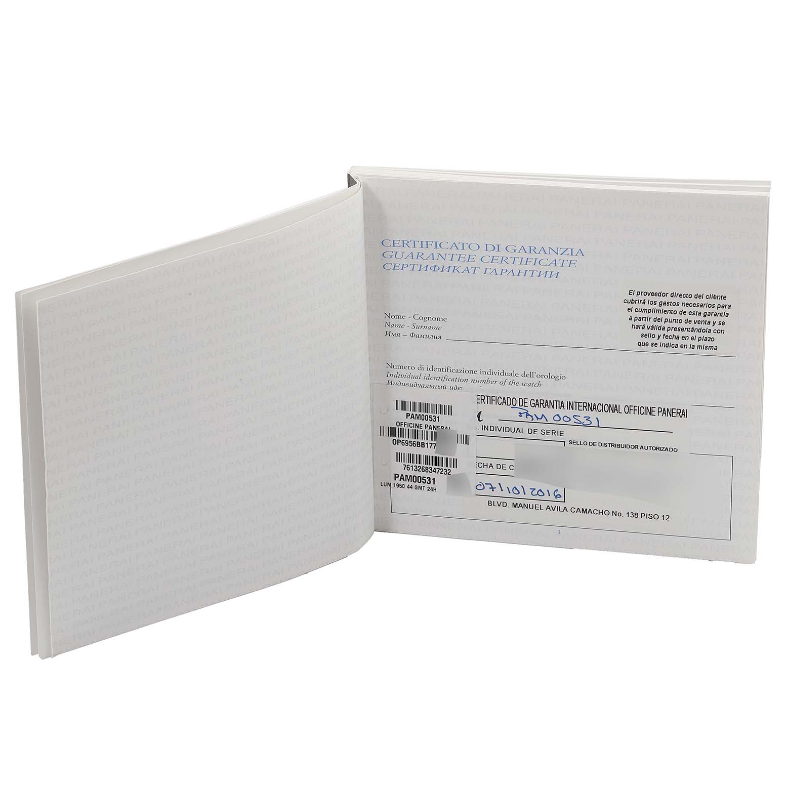 The image shows the opened guarantee certificate booklet for a Luminor model by Panerai.