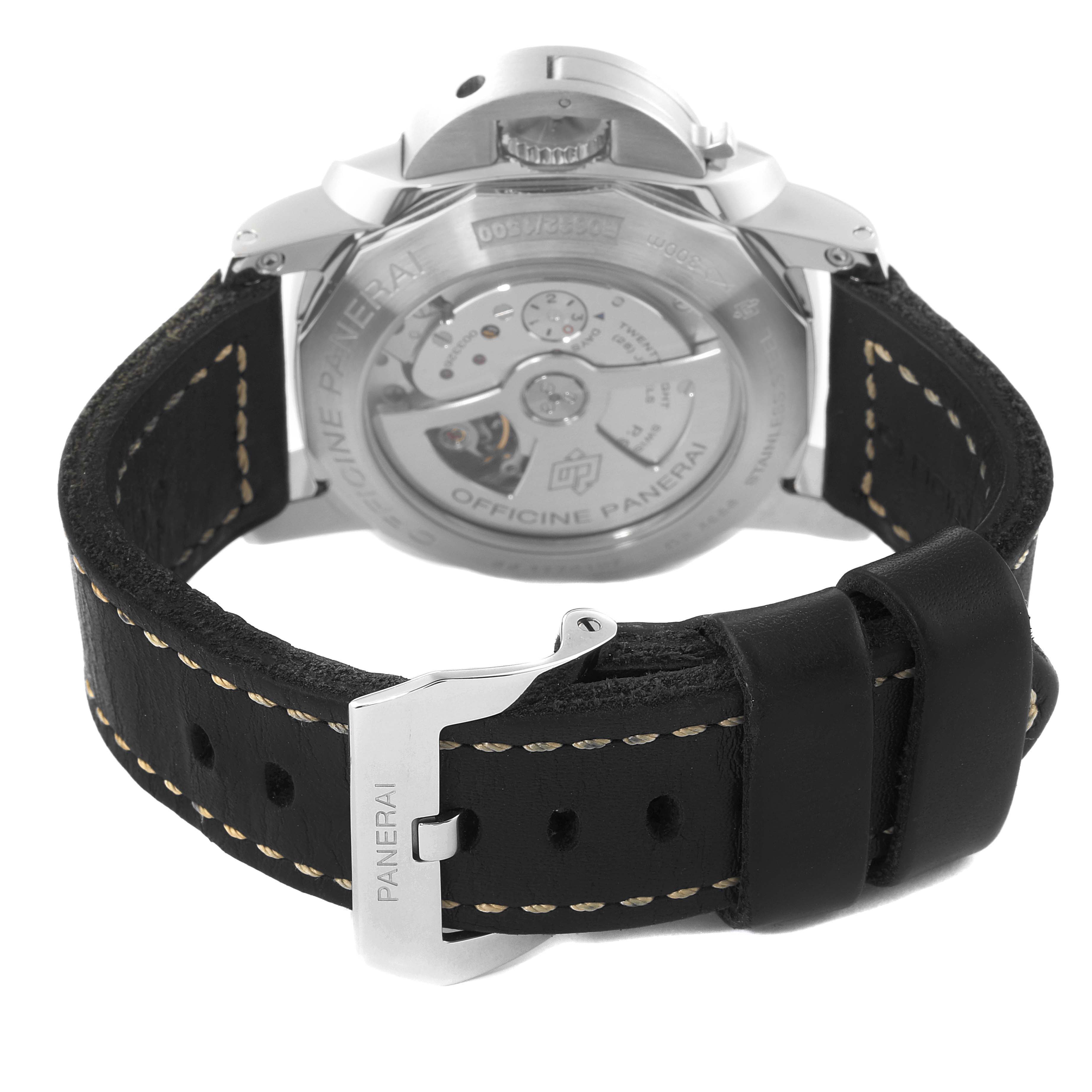 This image shows the back view of a Panerai Luminor PAM00531 Men's Stainless Steel Black Dial PAM00531 Men's Stainless Steel Black Dial watch, showcasing its movement and black leather strap.