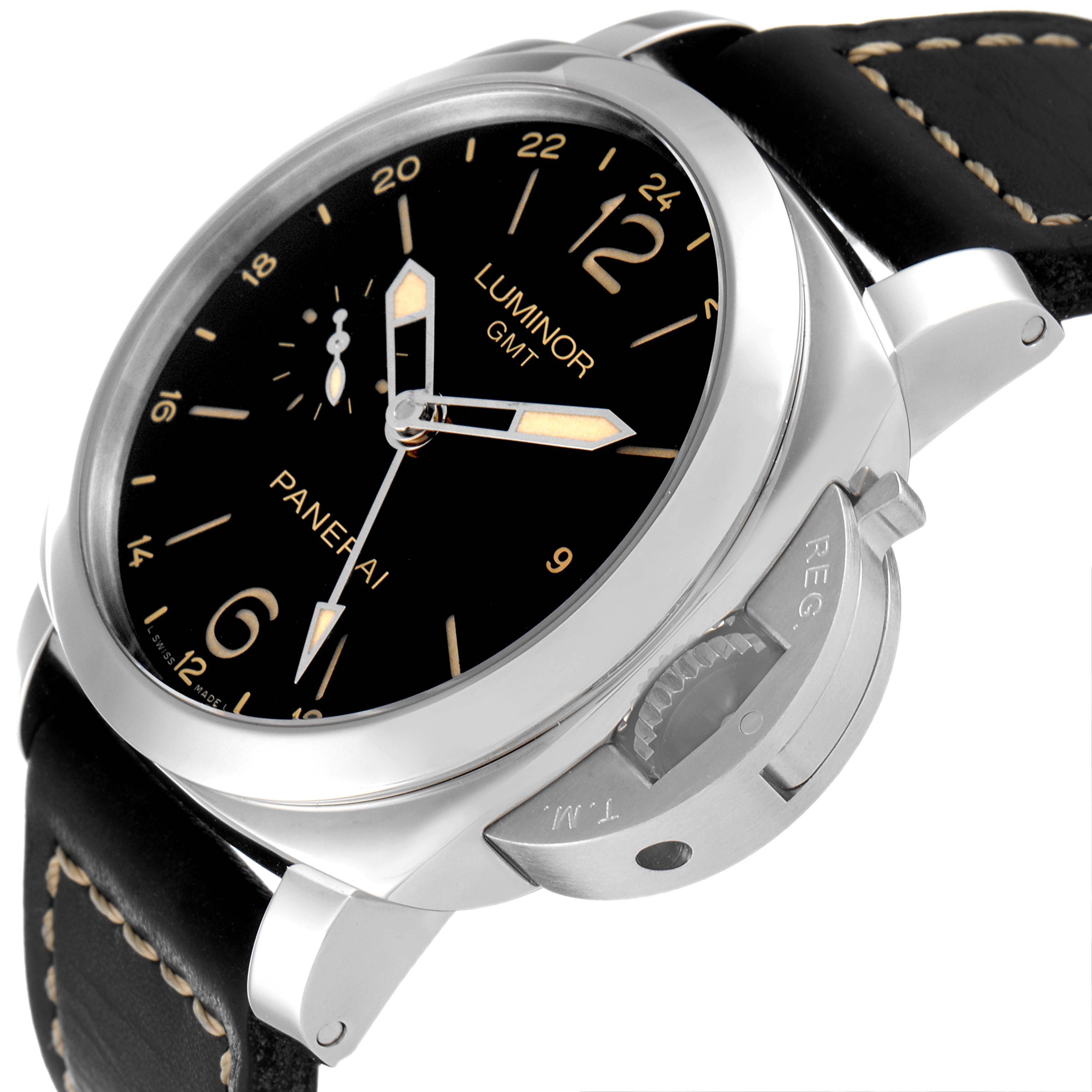 This image shows a close-up side view of the Panerai Luminor PAM00531 Men's Stainless Steel Black Dial PAM00531 Men's Stainless Steel Black Dial GMT watch, highlighting the face, case, and crown guard.