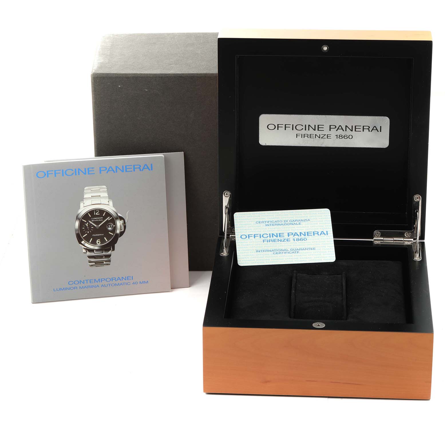 The image shows the packaging accessories for a Panerai Luminor PAM00049 Men
s Stainless Steel White Dial PAM00049 Men
s Stainless Steel White Dial watch, including a booklet, warranty card, and watch box.
