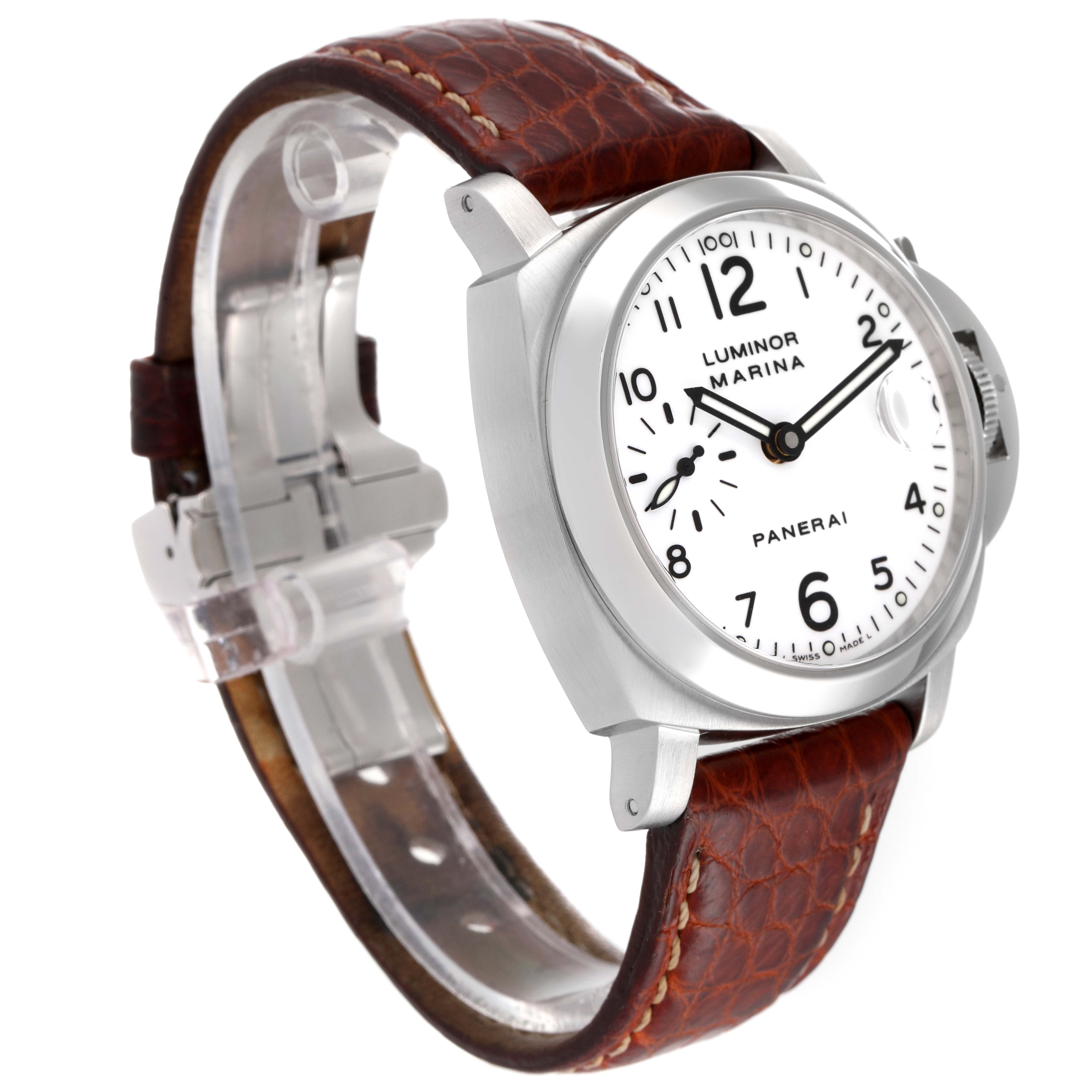 The image shows a Panerai Luminor PAM00049 Men
s Stainless Steel White Dial PAM00049 Men
s Stainless Steel White Dial Marina watch from a three-quarter angle, highlighting its dial, case, and leather strap.