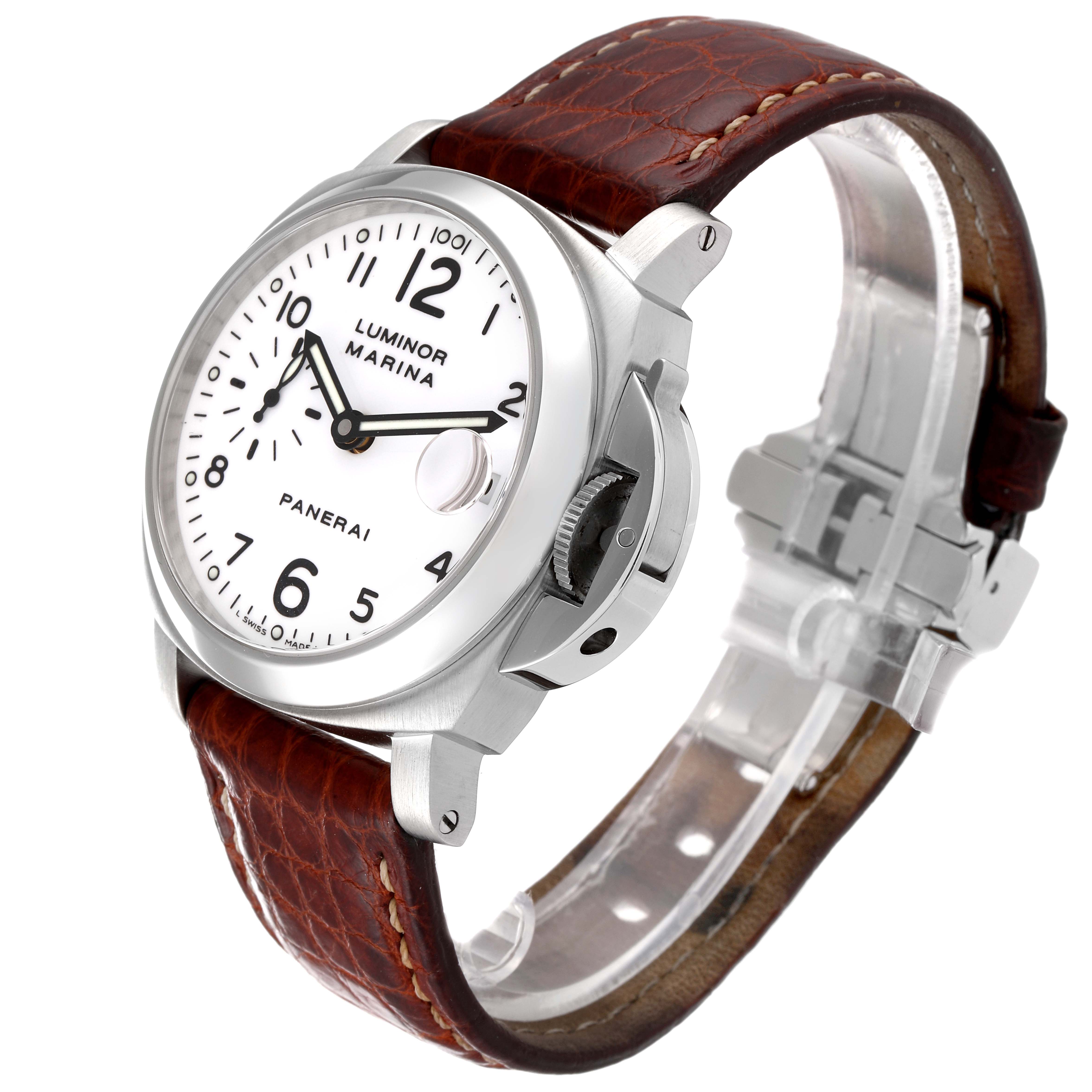 The image shows a Panerai Luminor PAM00049 Men
s Stainless Steel White Dial PAM00049 Men
s Stainless Steel White Dial watch at an angle highlighting the face, case, crown guard, and brown leather strap.