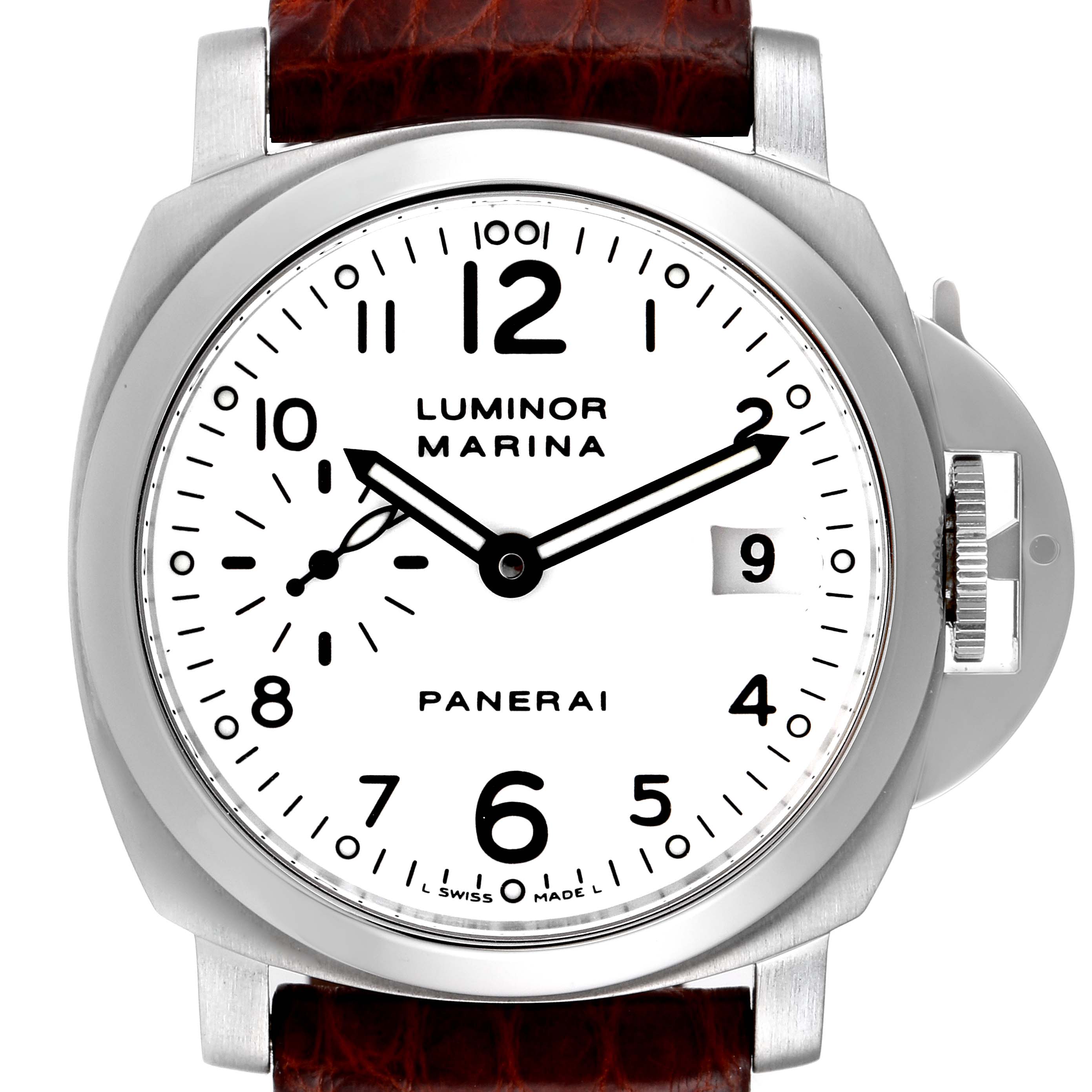 The image shows a frontal view of a Panerai Luminor PAM00049 Men
s Stainless Steel White Dial PAM00049 Men
s Stainless Steel White Dial Marina watch, displaying its white dial, hour markers, and date window.