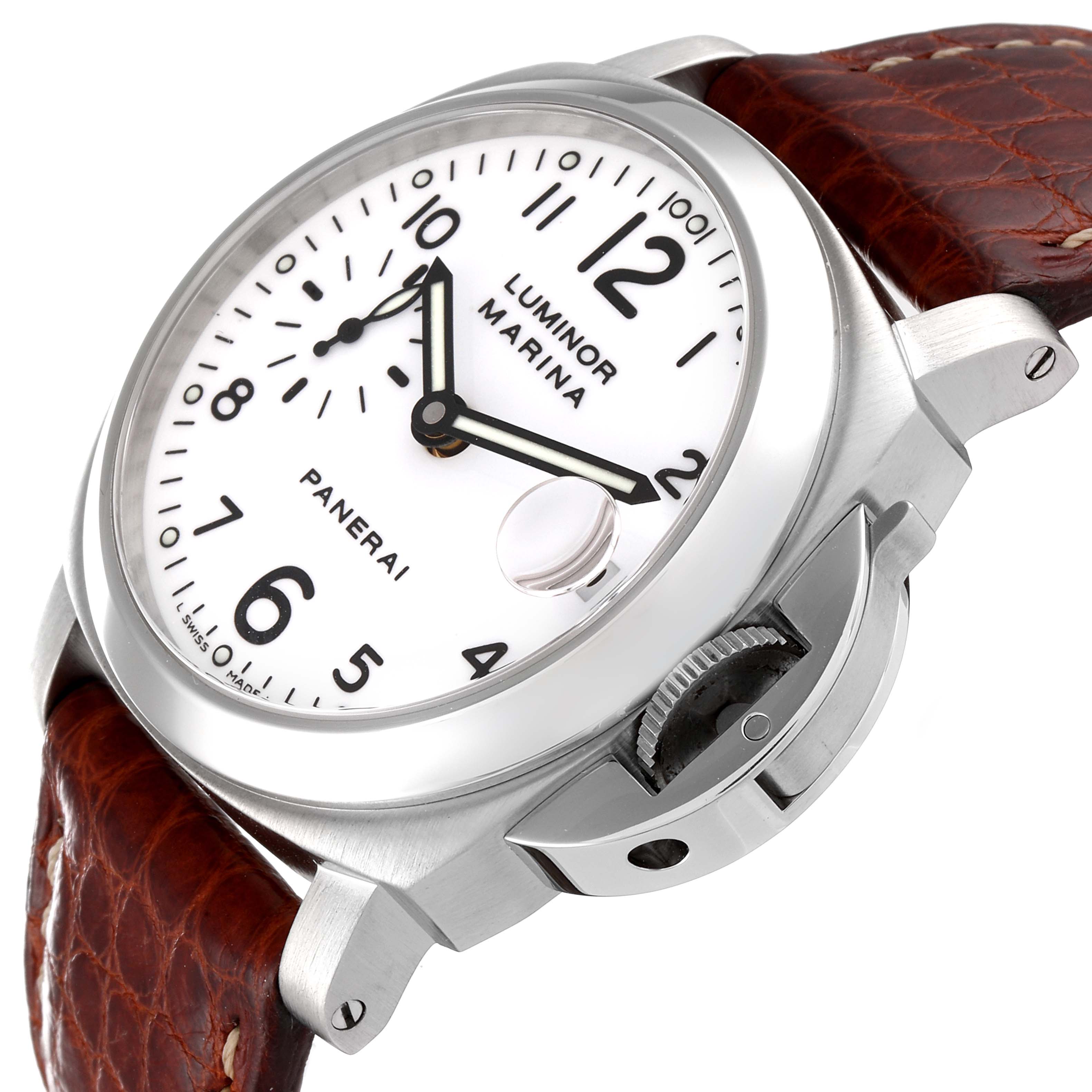 This image shows a close-up angle of the Panerai Luminor PAM00049 Men
s Stainless Steel White Dial PAM00049 Men
s Stainless Steel White Dial Marina watch, highlighting the dial, casing, and part of the strap.