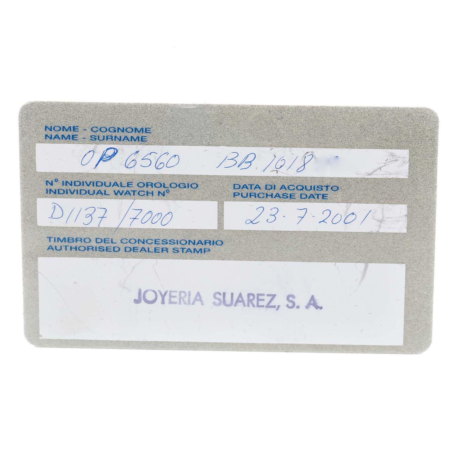 This image shows a warranty card for a Panerai Luminor PAM00049 Men
s Stainless Steel White Dial PAM00049 Men
s Stainless Steel White Dial watch, listing details like individual watch number, purchase date, and dealer stamp.