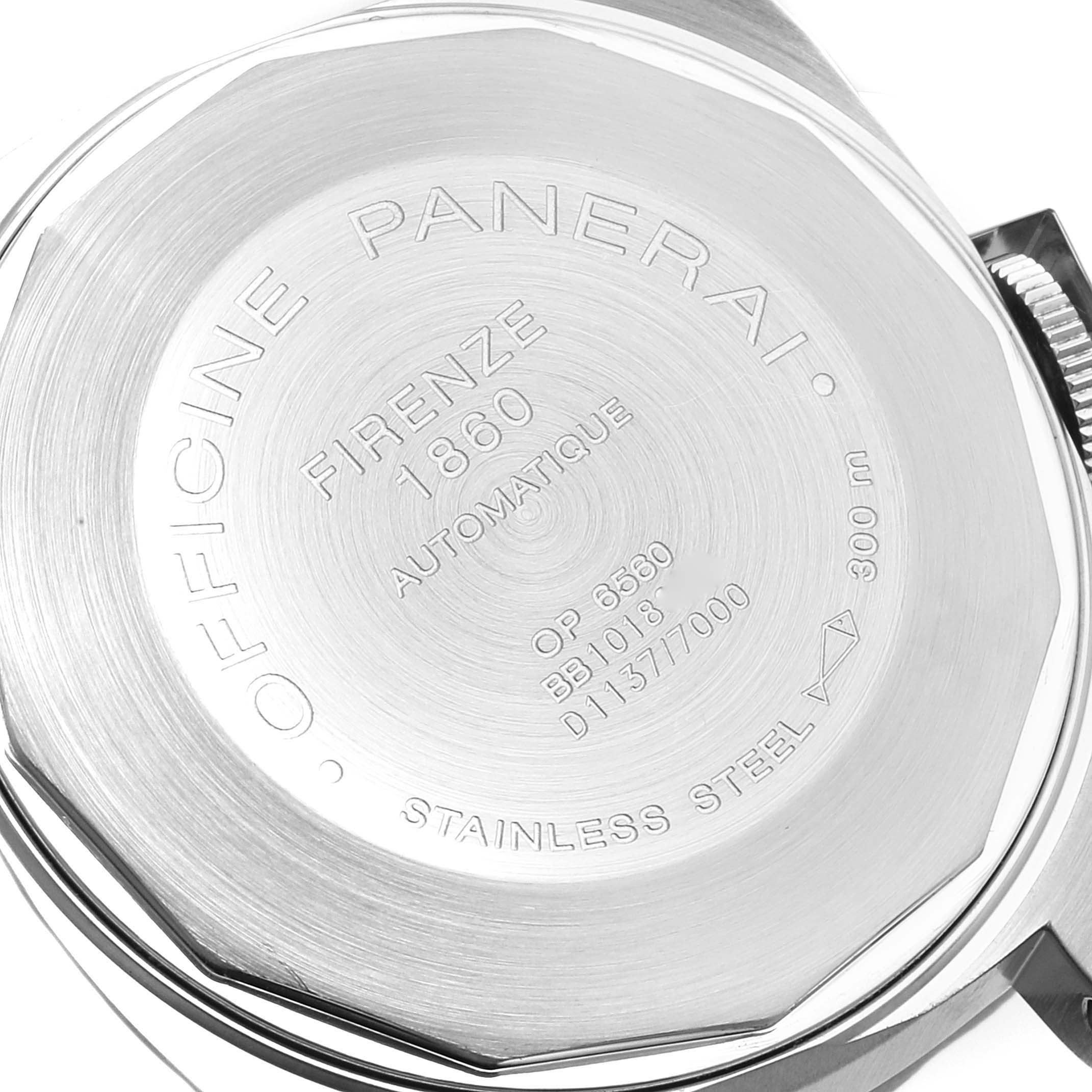 The image shows the back case of a Panerai Luminor PAM00049 Men
s Stainless Steel White Dial PAM00049 Men
s Stainless Steel White Dial watch with its engraved details.