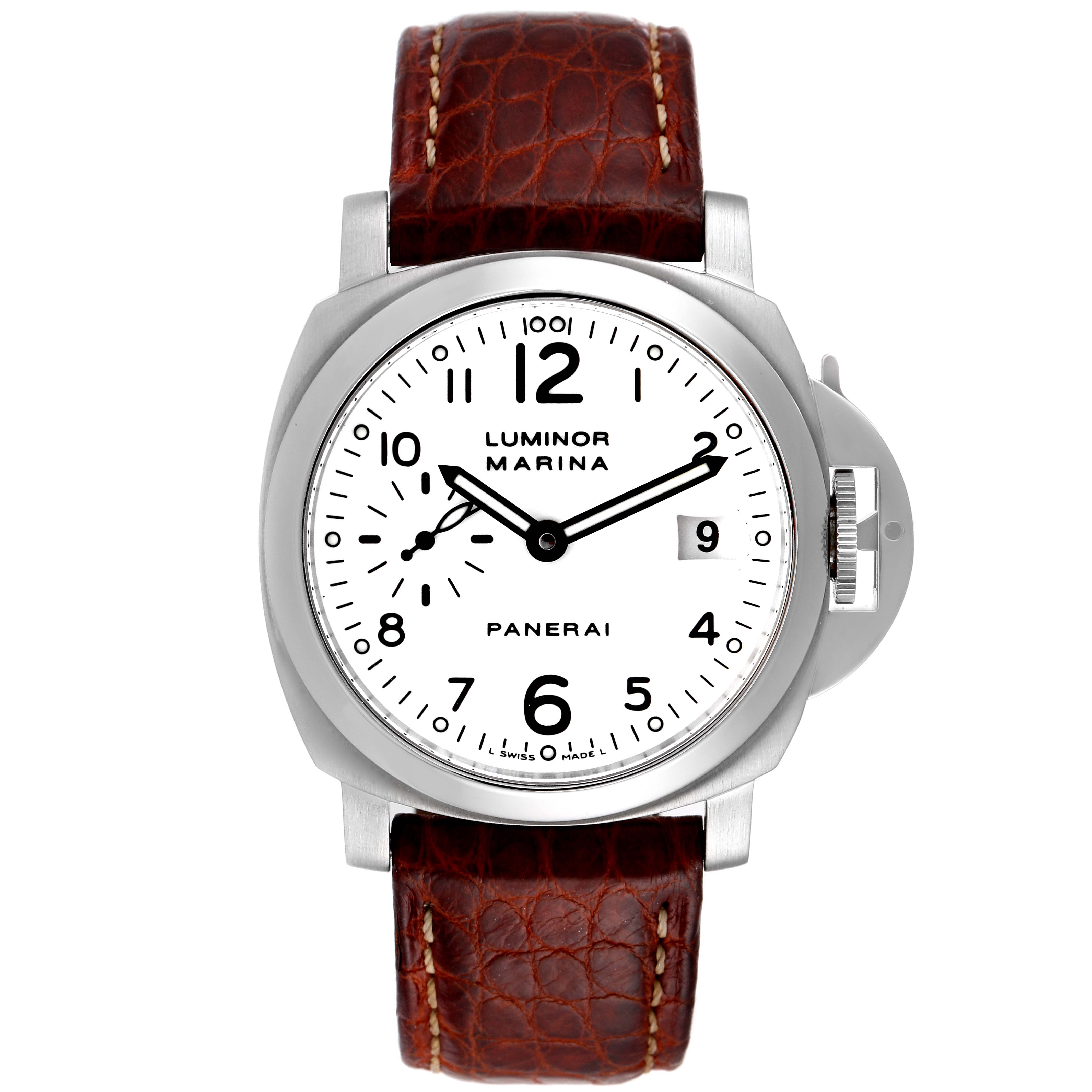 This image shows a front view of a Panerai Luminor PAM00049 Men
s Stainless Steel White Dial PAM00049 Men
s Stainless Steel White Dial Marina watch with a brown leather strap and a white dial.