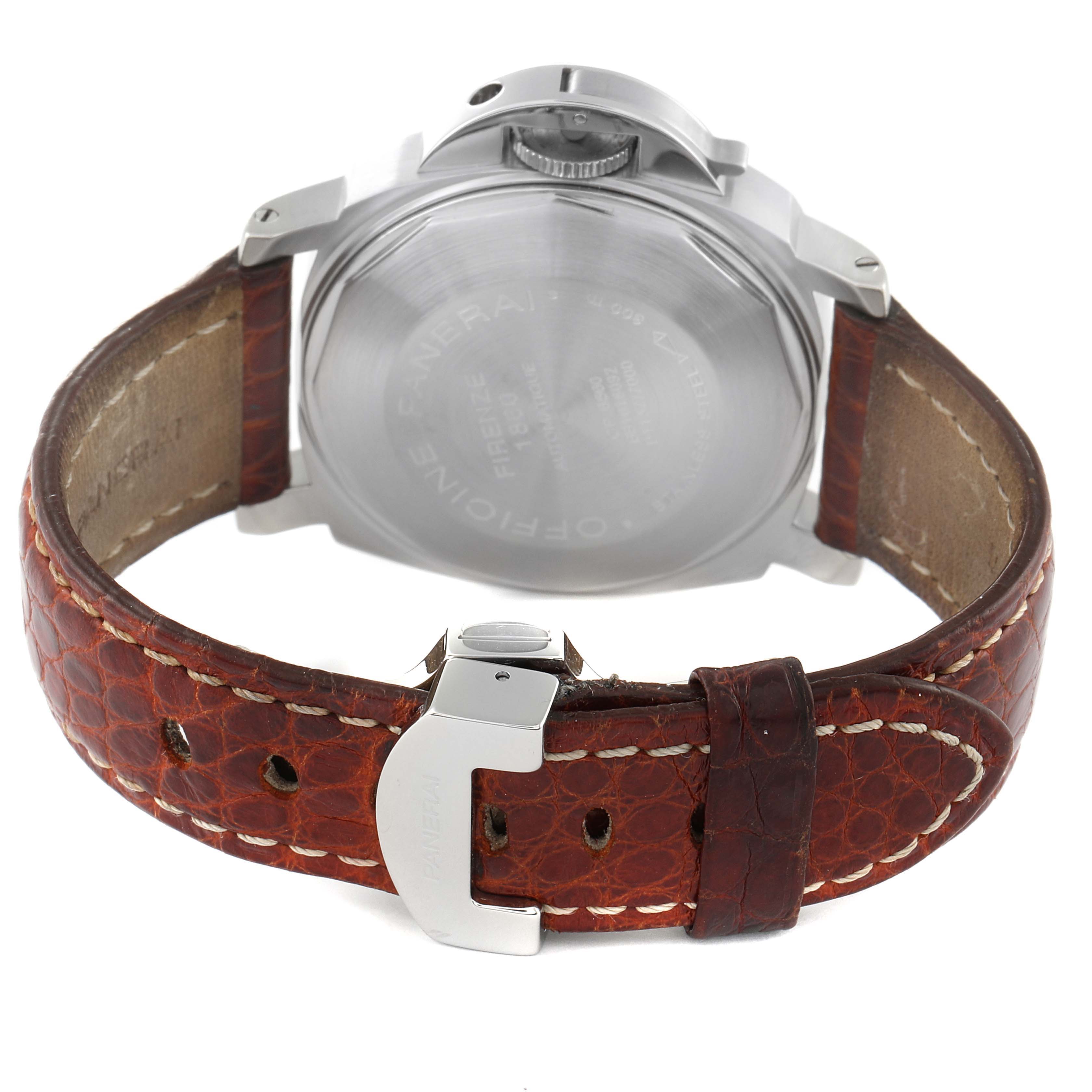 This image shows the back case and leather strap of a Panerai Luminor PAM00049 Men
s Stainless Steel White Dial PAM00049 Men
s Stainless Steel White Dial watch, viewed from the back.