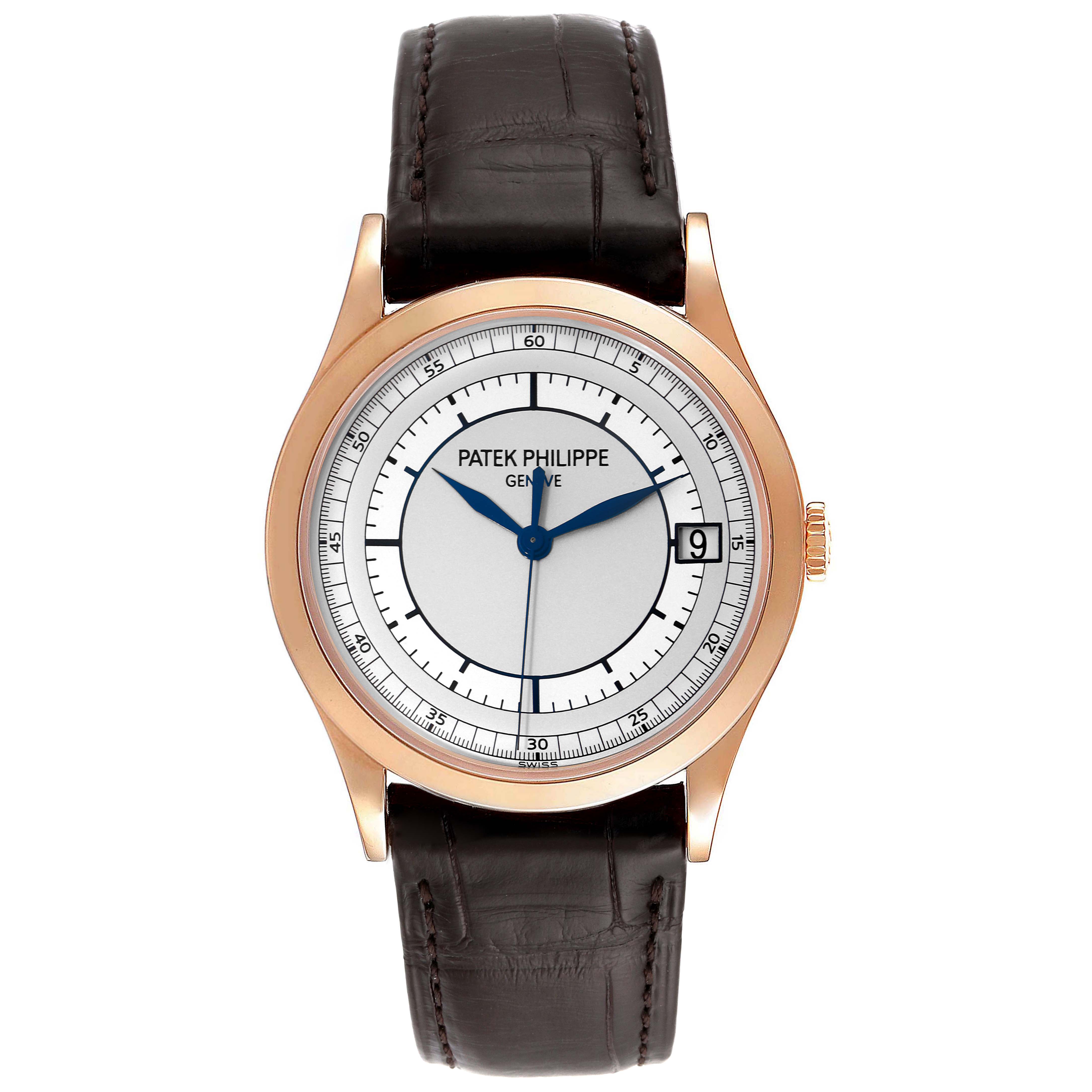 This is a front view of a Patek Philippe Calatrava 5296R Men's Rose Gold Silver Dial 5296R Men's Rose Gold Silver Dial watch, showing the dial, hands, date window, case, and leather strap.