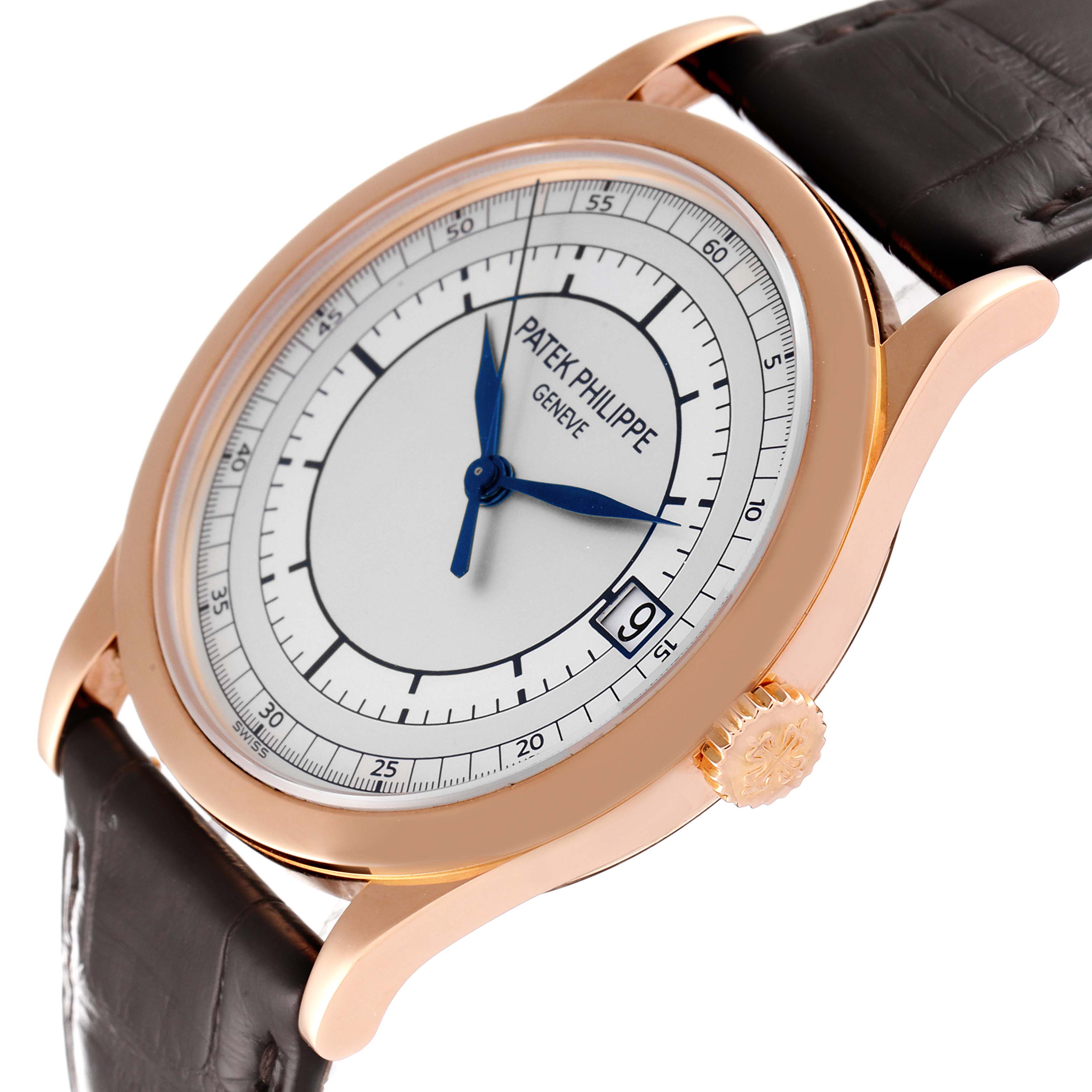 The image shows a close-up tilted view of the face, crown, case, and part of the leather strap of a Patek Philippe Calatrava 5296R Men's Rose Gold Silver Dial 5296R Men's Rose Gold Silver Dial watch.
