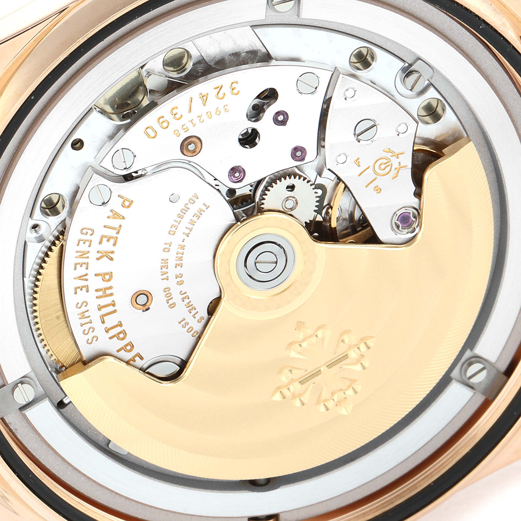 This image shows the back of the Patek Philippe Calatrava 5296R Men's Rose Gold Silver Dial 5296R Men's Rose Gold Silver Dial watch's movement and intricate mechanical parts.