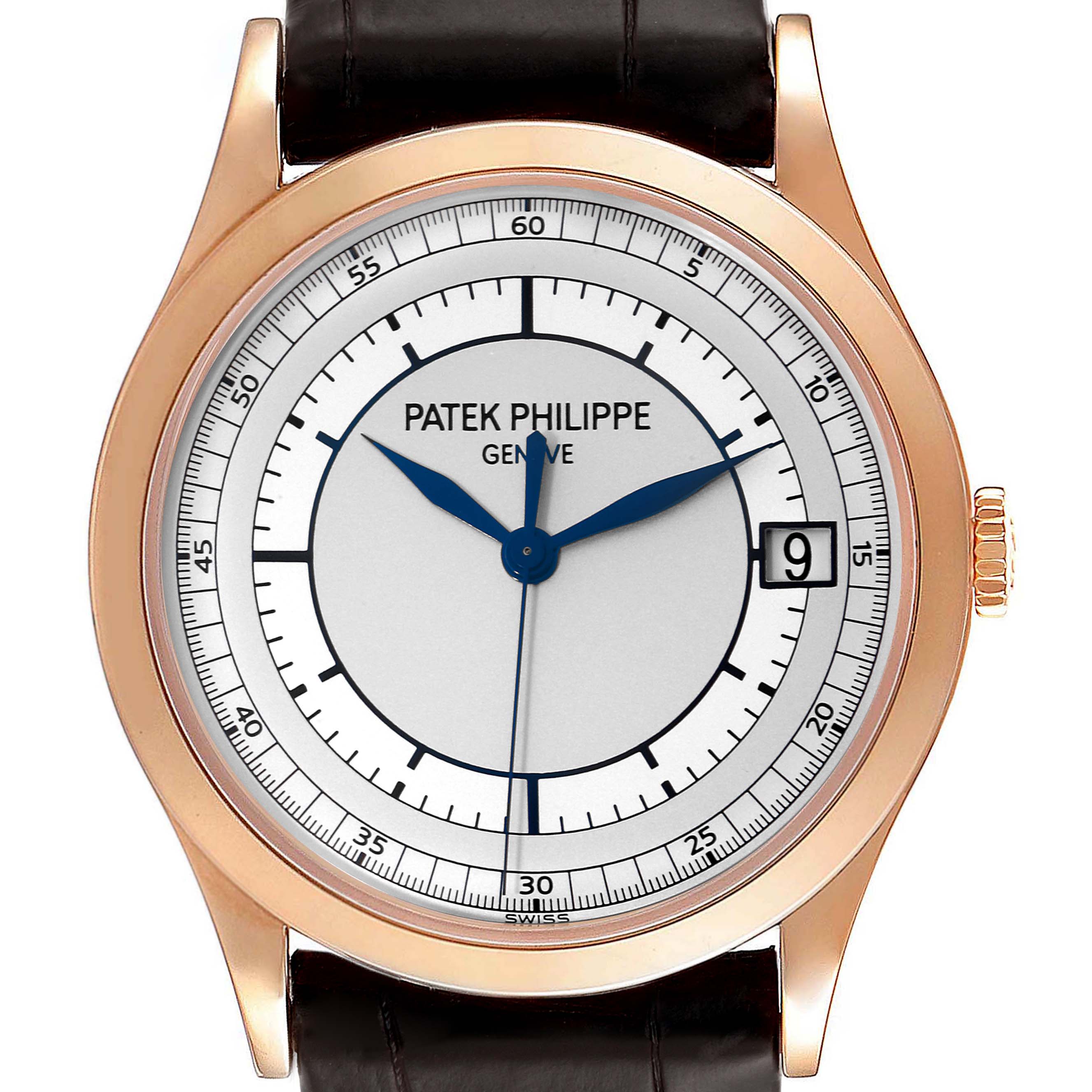 The image shows a front view of the Patek Philippe Calatrava 5296R Men's Rose Gold Silver Dial 5296R Men's Rose Gold Silver Dial watch, highlighting the dial, hands, and date display.