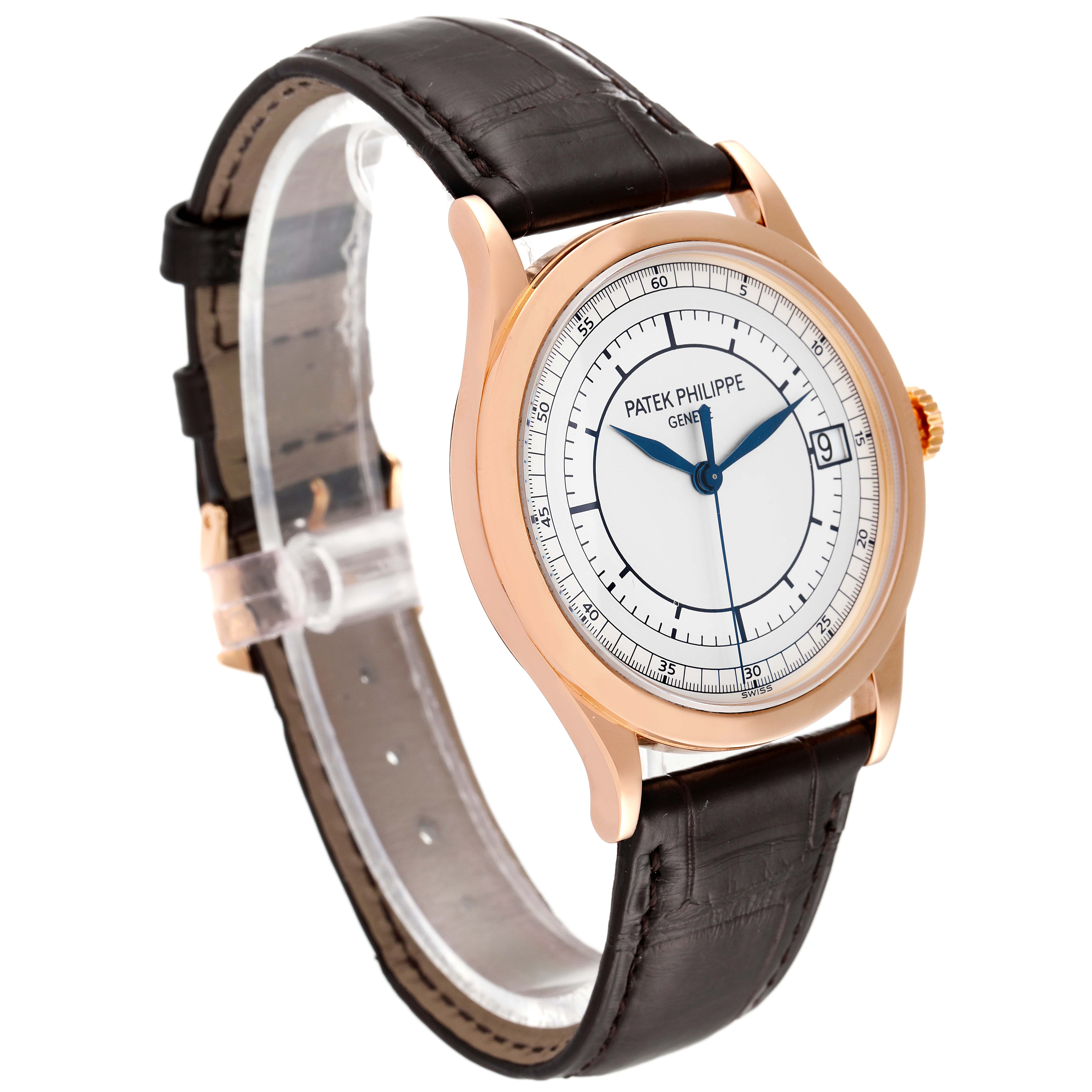 This is a Patek Philippe Calatrava 5296R Men's Rose Gold Silver Dial 5296R Men's Rose Gold Silver Dial watch shown at a three-quarter angle, displaying the face, case, and leather strap.