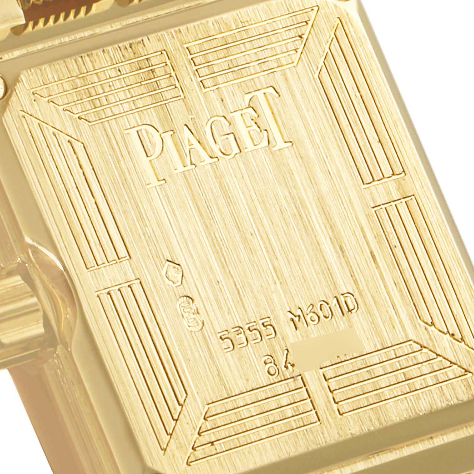 This image shows the back case of the Piaget 5355 M601D Women's Yellow Gold Champagne Dial 5355 M601D Women's Yellow Gold Champagne Dial 18K Yellow Gold Diamond Ladies Watch M601D model.