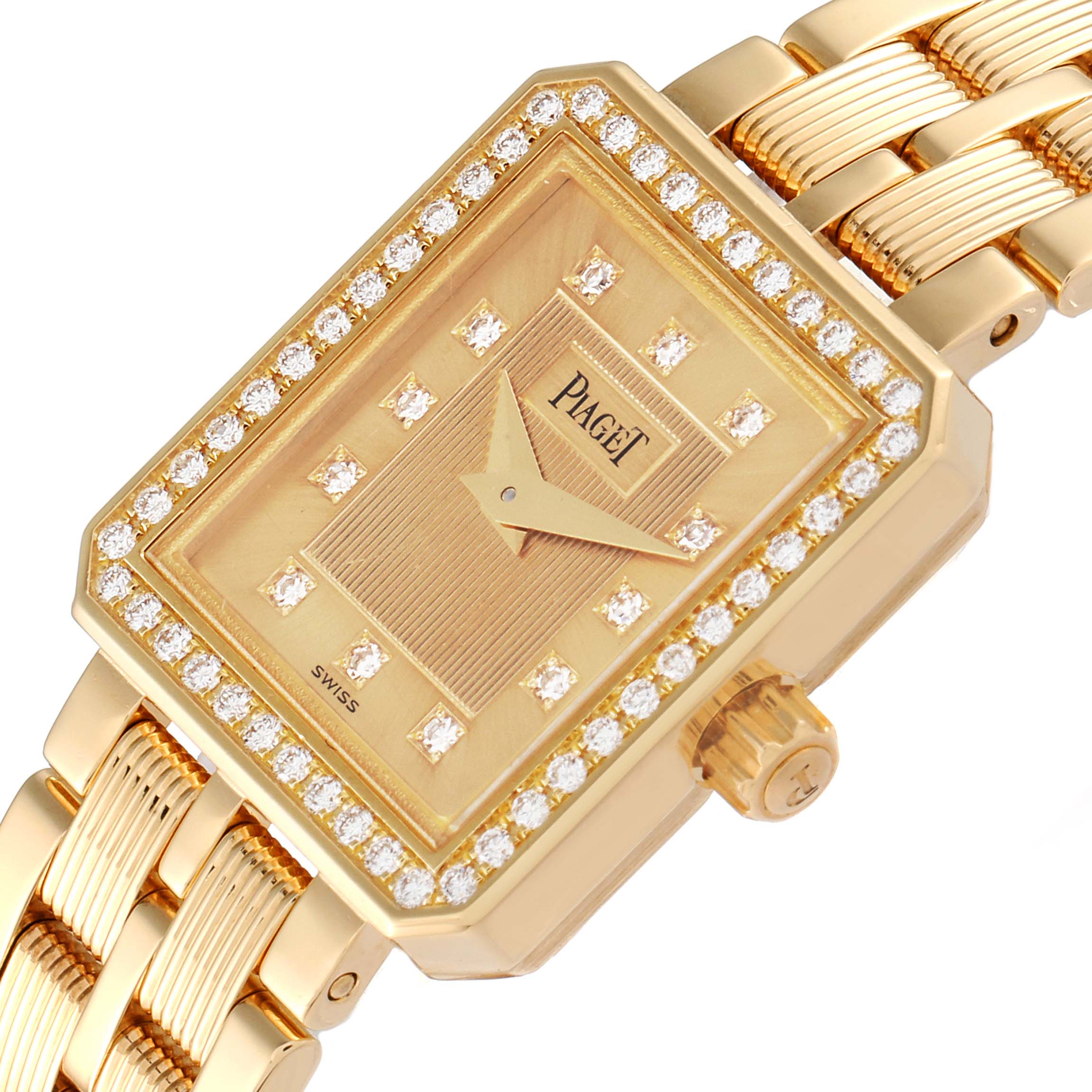 The image shows an angled view of the Piaget 5355 M601D Women's Yellow Gold Champagne Dial 5355 M601D Women's Yellow Gold Champagne Dial M601D watch, highlighting the rectangular face, diamond bezel, and part of the gold bracelet.
