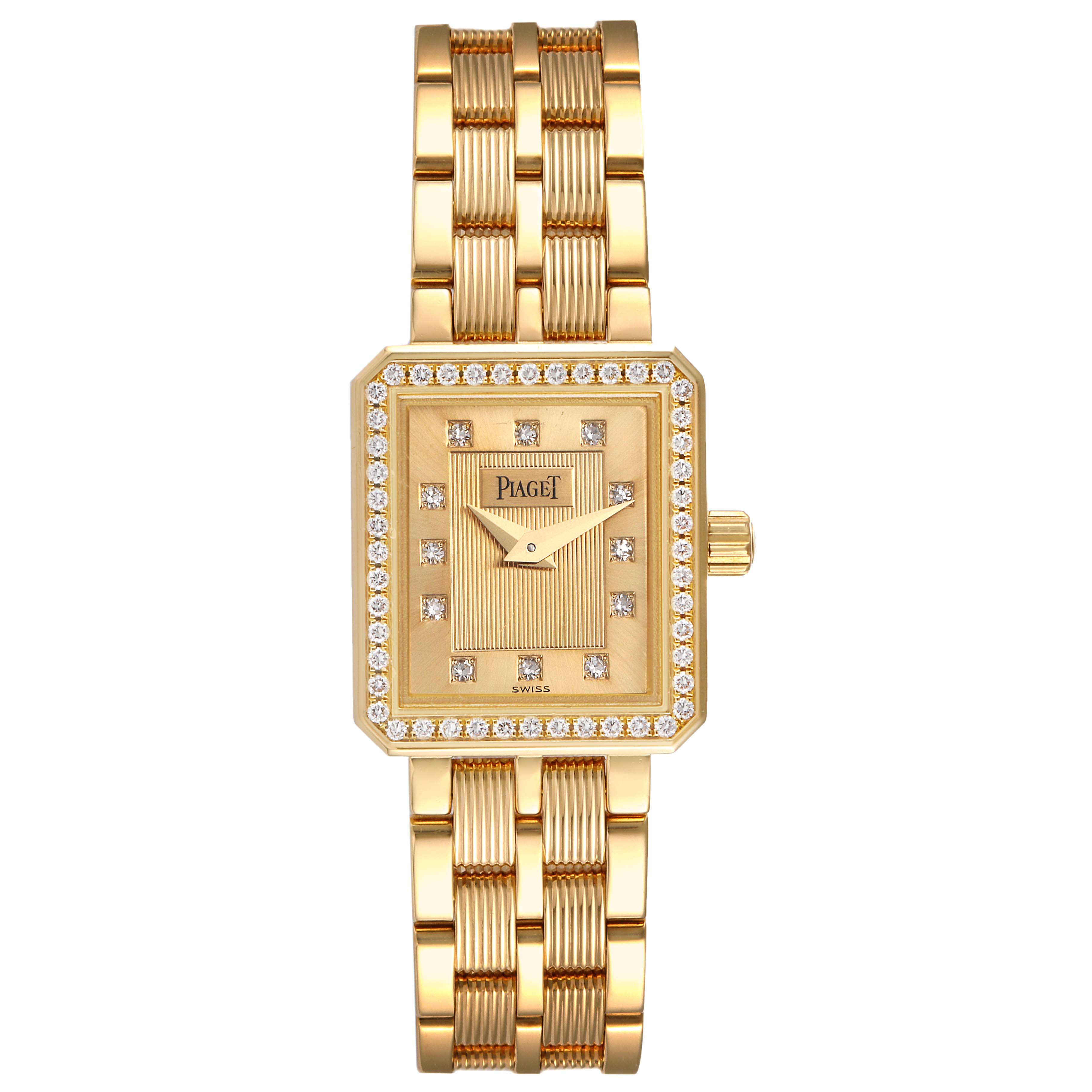 The image shows a front view of the Piaget 5355 M601D Women's Yellow Gold Champagne Dial 5355 M601D Women's Yellow Gold Champagne Dial M601D 18K Yellow Gold Diamond Ladies Watch, highlighting its rectangular face, diamond-encrusted bezel, and gold bracelet.
