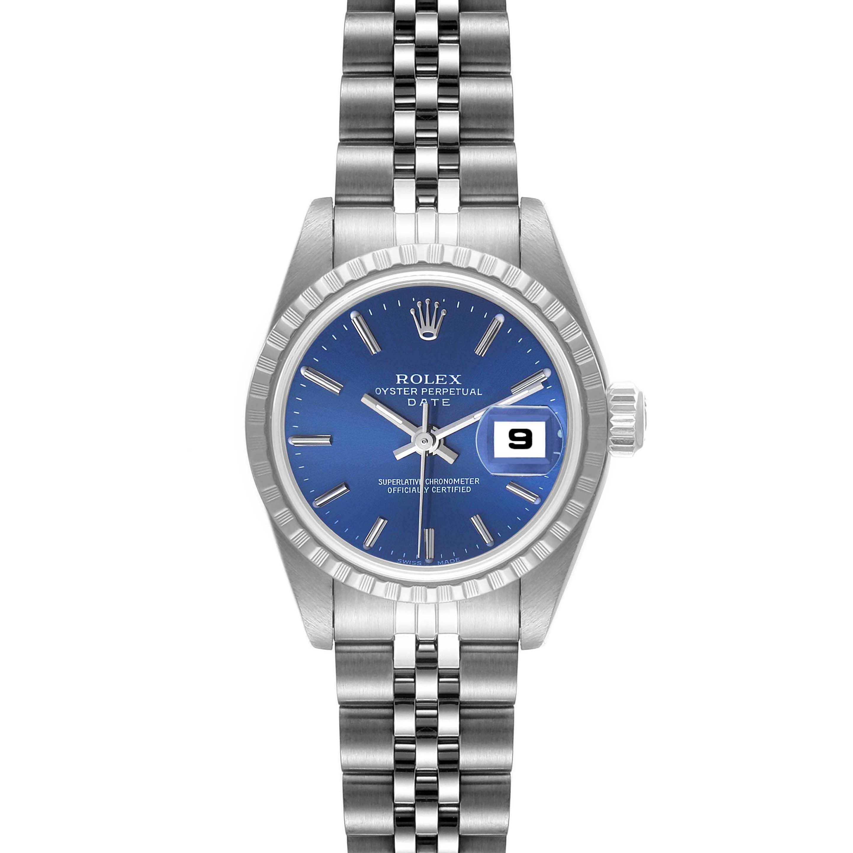 This image shows a front view of a Rolex Date 79240 Women's Stainless Steel Blue Dial 79240 Women's Stainless Steel Blue Dial model watch with a blue dial and stainless steel bracelet.