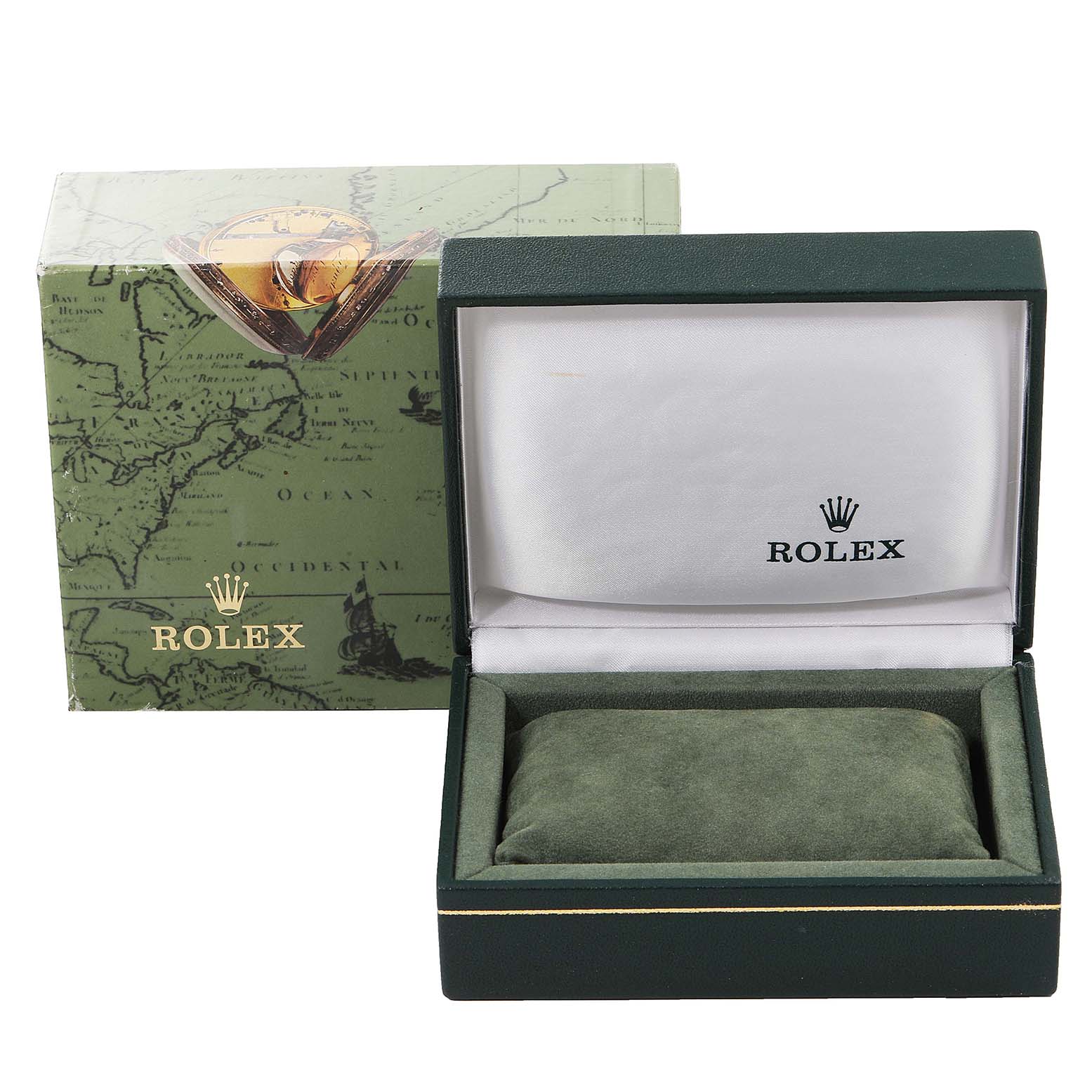 The image shows a Rolex Date 79240 Women's Stainless Steel Blue Dial 79240 Women's Stainless Steel Blue Dial watch box and its packaging from a front angle.