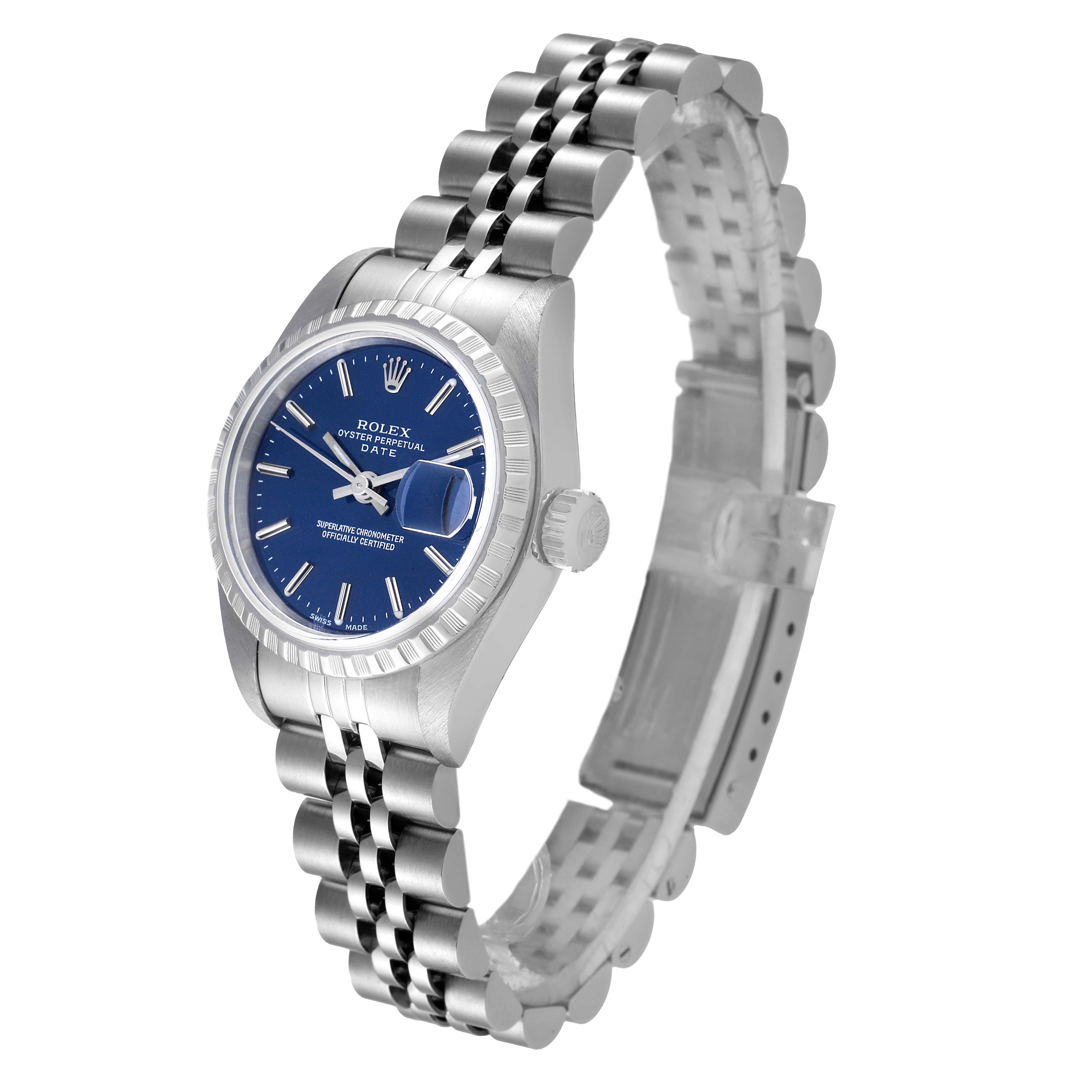 The image shows a Rolex Date 79240 Women's Stainless Steel Blue Dial 79240 Women's Stainless Steel Blue Dial model watch with a blue dial and silver bracelet, angled to display the face and part of the band.