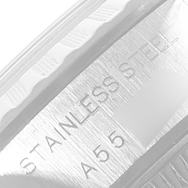 This close-up image shows the stainless steel marking on the Rolex Date 79240 Women's Stainless Steel Blue Dial 79240 Women's Stainless Steel Blue Dial model watch.