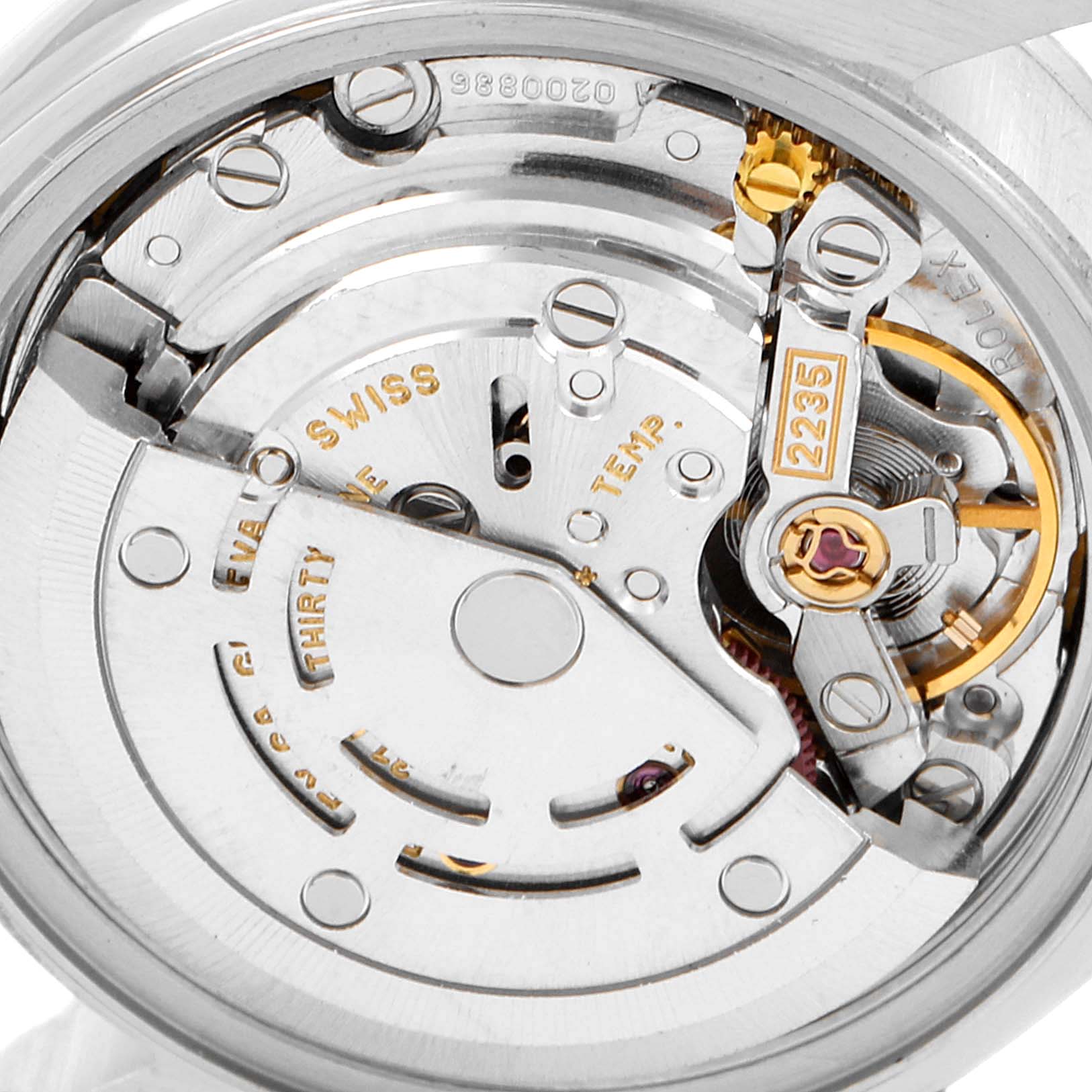 This is a close-up view of the movement mechanism of a Rolex Date 79240 Women's Stainless Steel Blue Dial 79240 Women's Stainless Steel Blue Dial model watch.