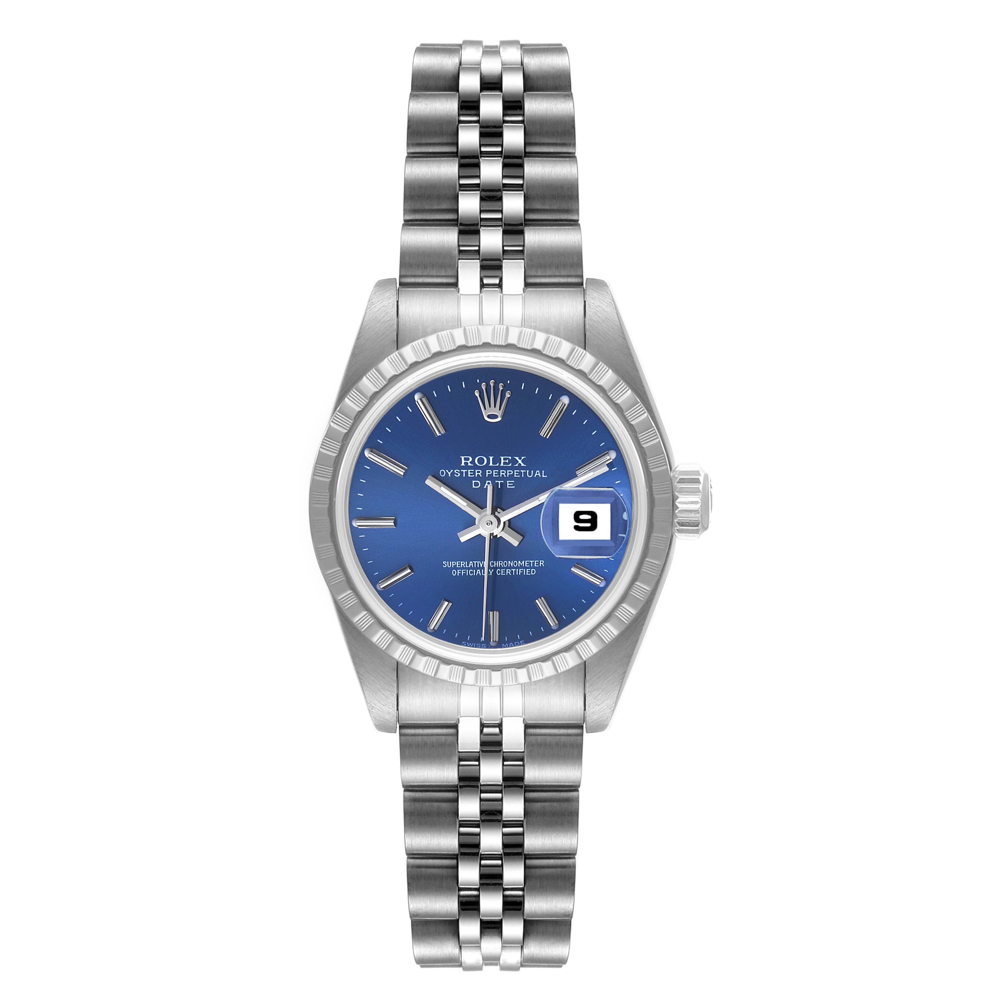 The image shows a frontal view of a Rolex Date 79240 Women's Stainless Steel Blue Dial 79240 Women's Stainless Steel Blue Dial watch, featuring its blue dial, date window, and stainless steel bracelet.