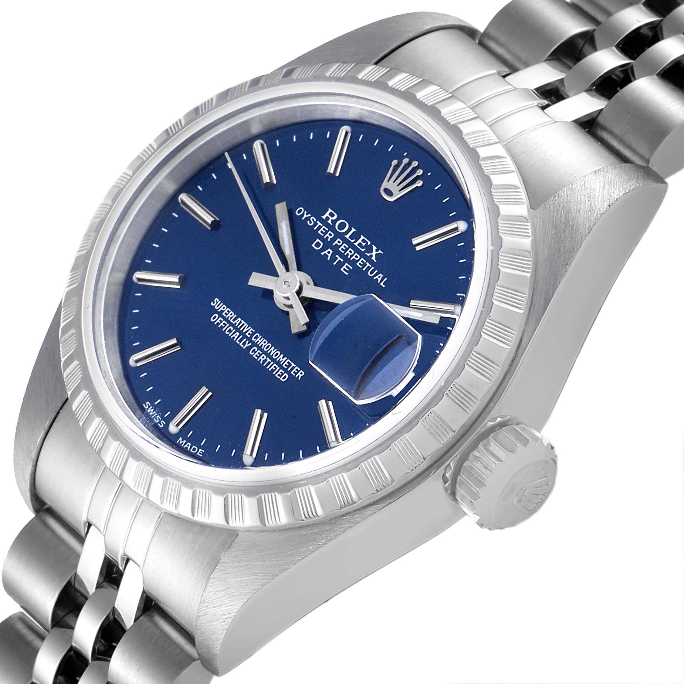 The image shows a Rolex Date 79240 Women's Stainless Steel Blue Dial 79240 Women's Stainless Steel Blue Dial model watch at an angled close-up, highlighting the blue dial, bezel, crown, and part of the bracelet.