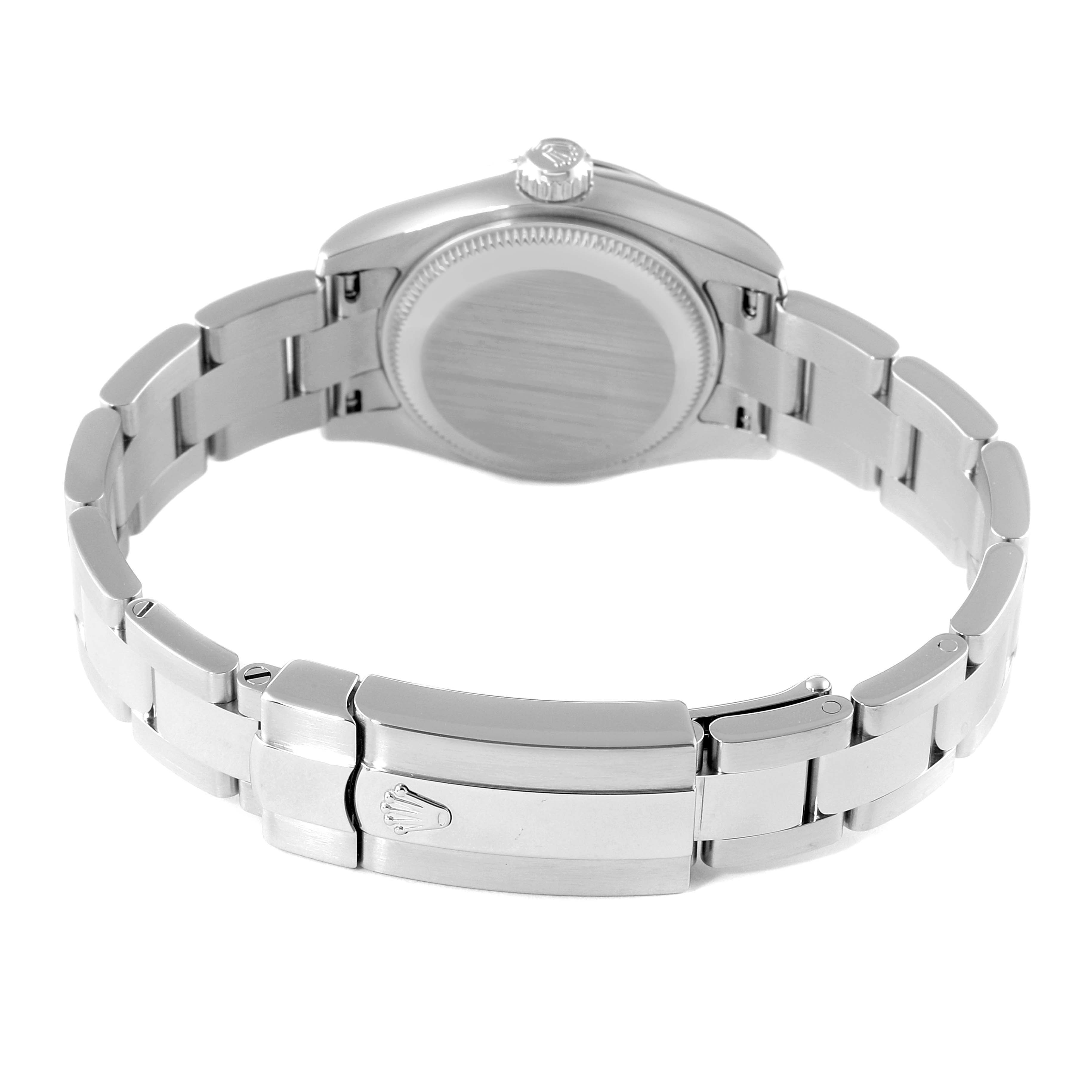 The image shows the back view of a Rolex Datejust 179160 Women's Stainless Steel White Dial 179160 Women's Stainless Steel White Dial watch, focusing on the case back and the metal bracelet with the clasp.