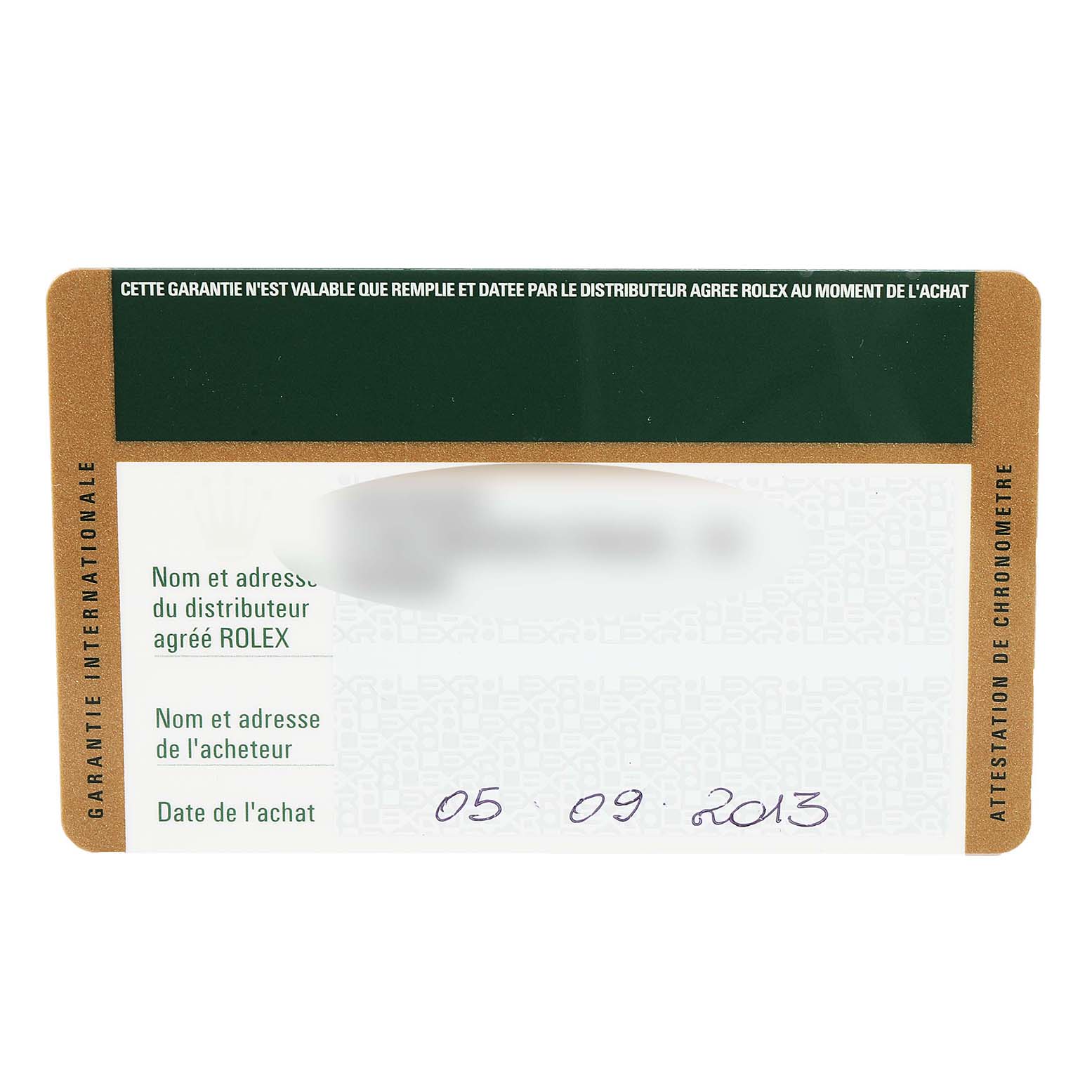The image shows a warranty card for the Rolex Datejust 179160 Women's Stainless Steel White Dial 179160 Women's Stainless Steel White Dial model, detailing distributor and purchaser information.