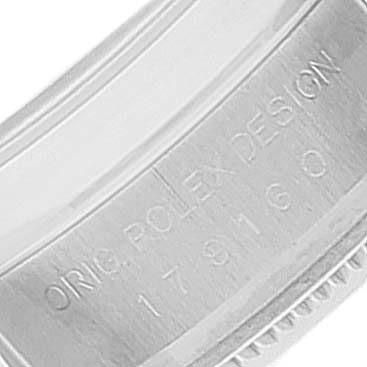 This image shows a close-up of the inner case back of a Rolex Datejust 179160 Women's Stainless Steel White Dial 179160 Women's Stainless Steel White Dial watch, displaying the model and "ORIG. ROLEX DESIGN" text.