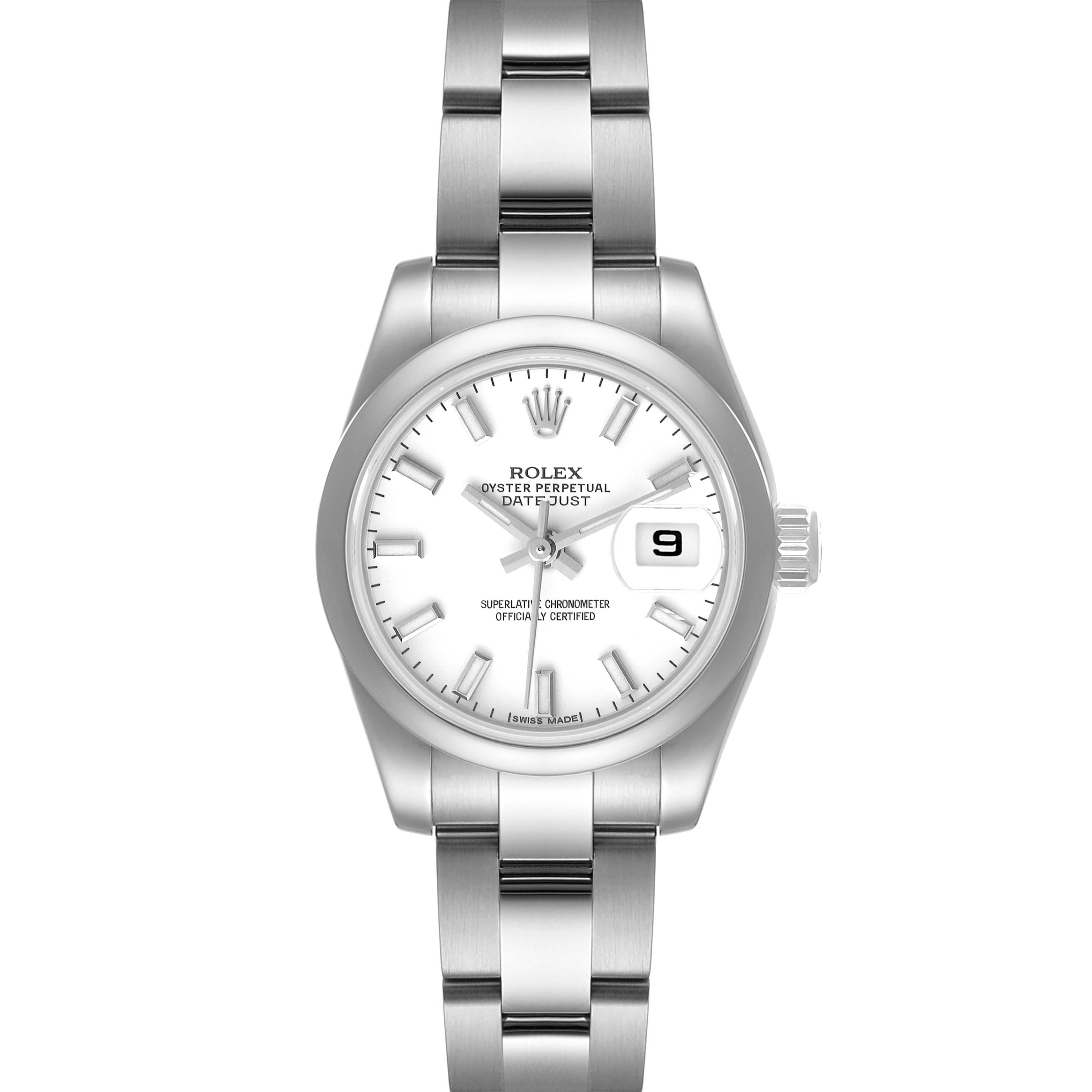 This is a front view of the Rolex Datejust 179160 Women's Stainless Steel White Dial 179160 Women's Stainless Steel White Dial watch, showcasing its white dial, date window, and stainless steel bracelet.