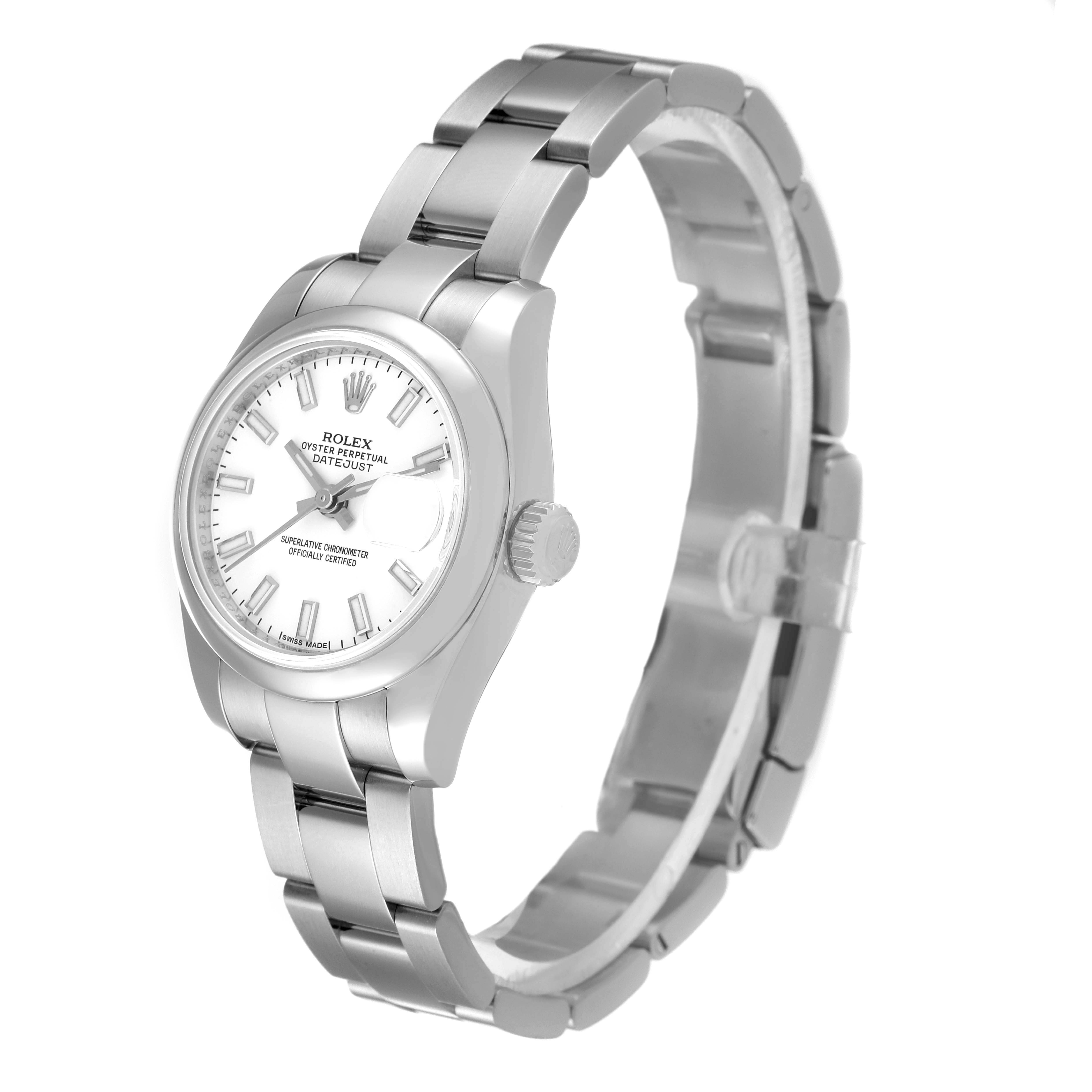 The Rolex Datejust 179160 Women's Stainless Steel White Dial 179160 Women's Stainless Steel White Dial watch is shown at a three-quarter angle, displaying the face, crown, and bracelet.