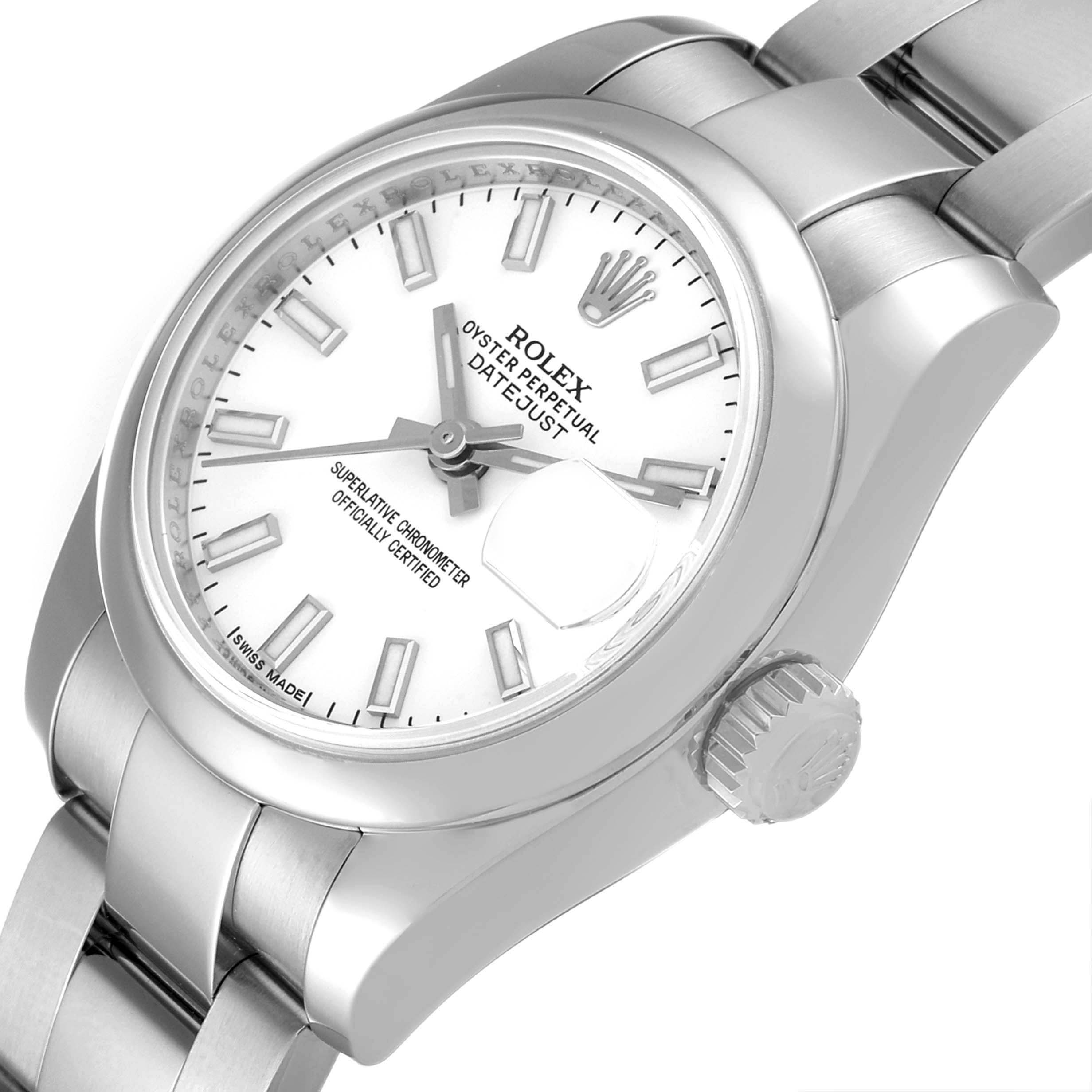 The image shows a Rolex Datejust 179160 Women's Stainless Steel White Dial 179160 Women's Stainless Steel White Dial watch angled to display the dial, crown, and a portion of the bracelet.