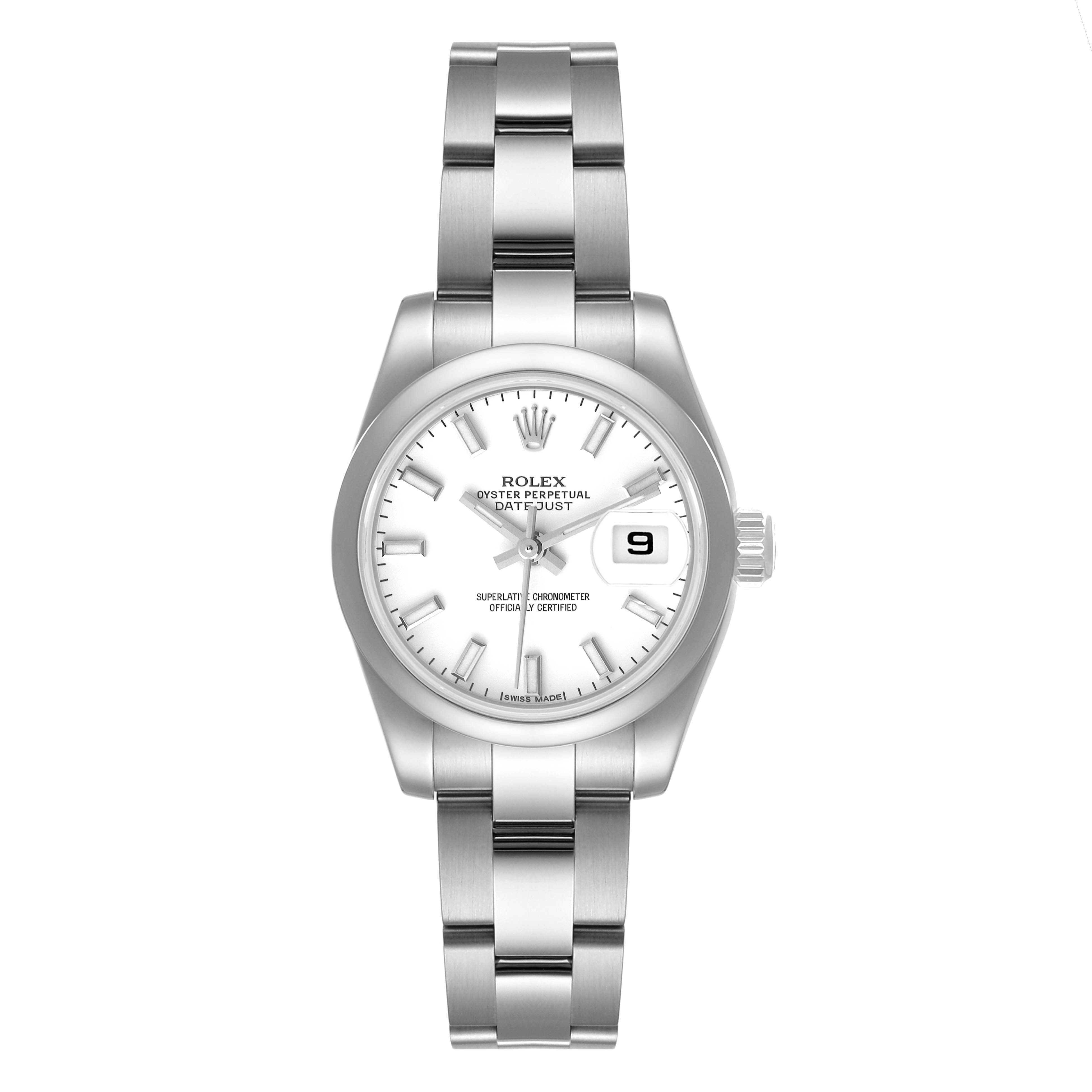 This image shows a front view of a Rolex Datejust 179160 Women's Stainless Steel White Dial 179160 Women's Stainless Steel White Dial watch, highlighting the dial, bracelet, and date display.
