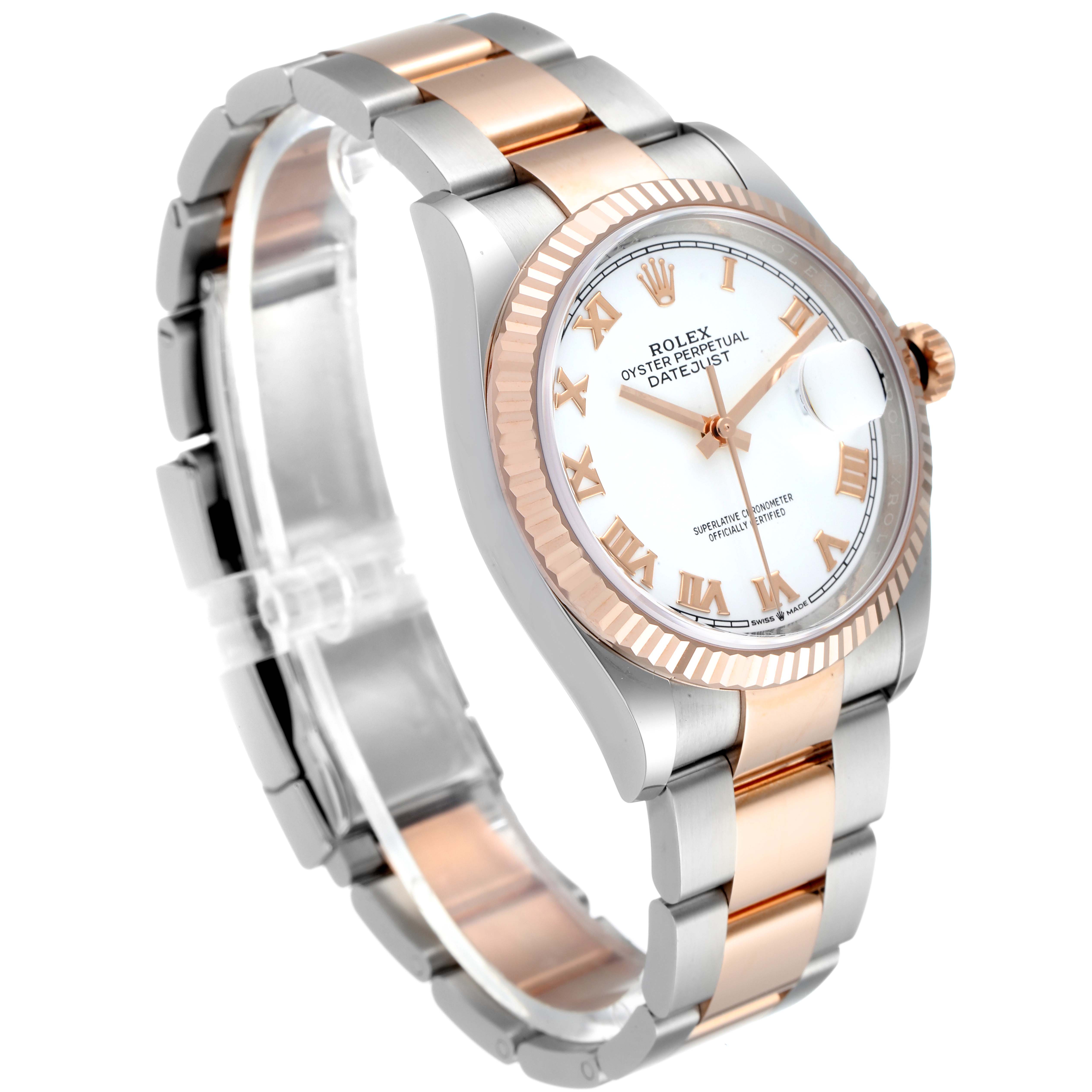 The image shows a Rolex Datejust 126231 Men's Steel and Gold (two tone) White Dial 126231 Men's Steel and Gold (two tone) White Dial model watch from an angled side view, highlighting the dial, bezel, and bracelet.