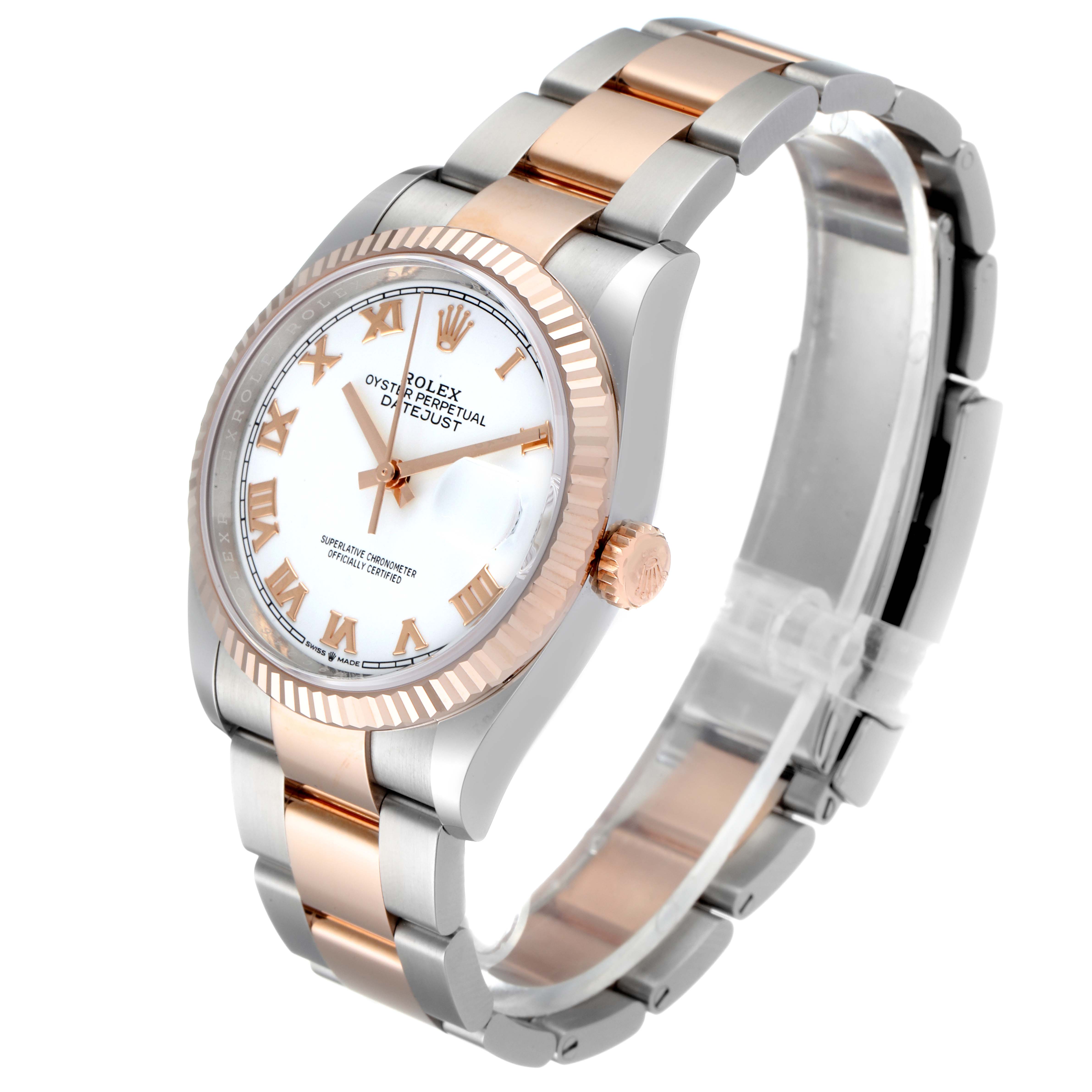 The image shows a Rolex Datejust 126231 Men's Steel and Gold (two tone) White Dial 126231 Men's Steel and Gold (two tone) White Dial watch at a slight angle, displaying the dial, bezel, and bracelet.