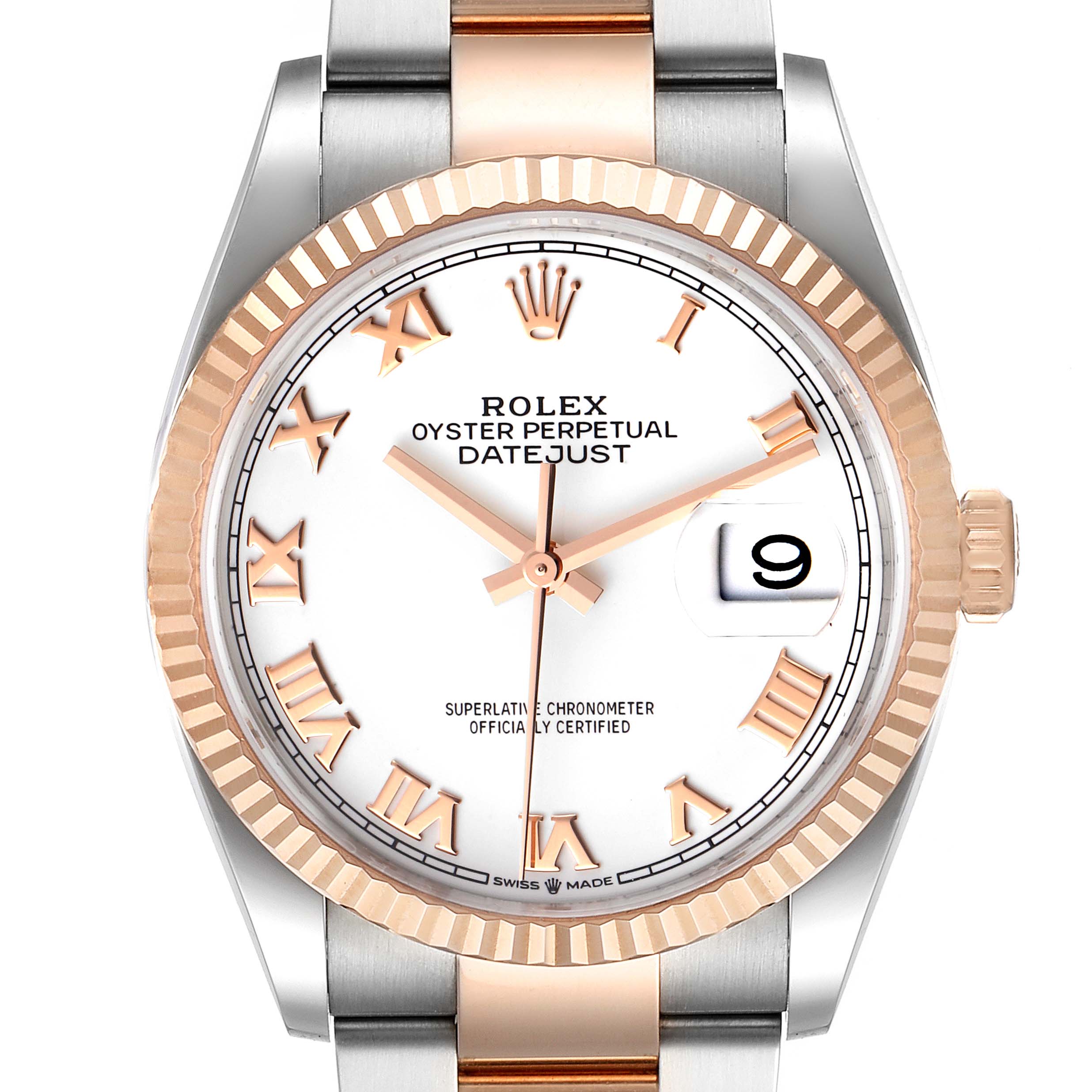 Front view of the Rolex Datejust 126231 Men's Steel and Gold (two tone) White Dial 126231 Men's Steel and Gold (two tone) White Dial showing the dial, fluted bezel, and part of the bracelet.