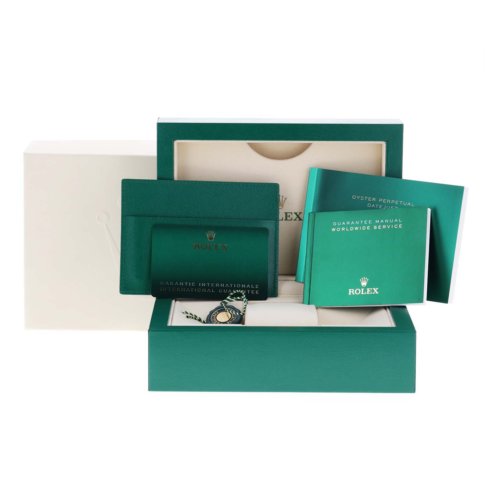 This image shows the packaging and accessories for a Rolex Datejust 126231 Men's Steel and Gold (two tone) White Dial 126231 Men's Steel and Gold (two tone) White Dial model, including the box, manuals, and warranty card.