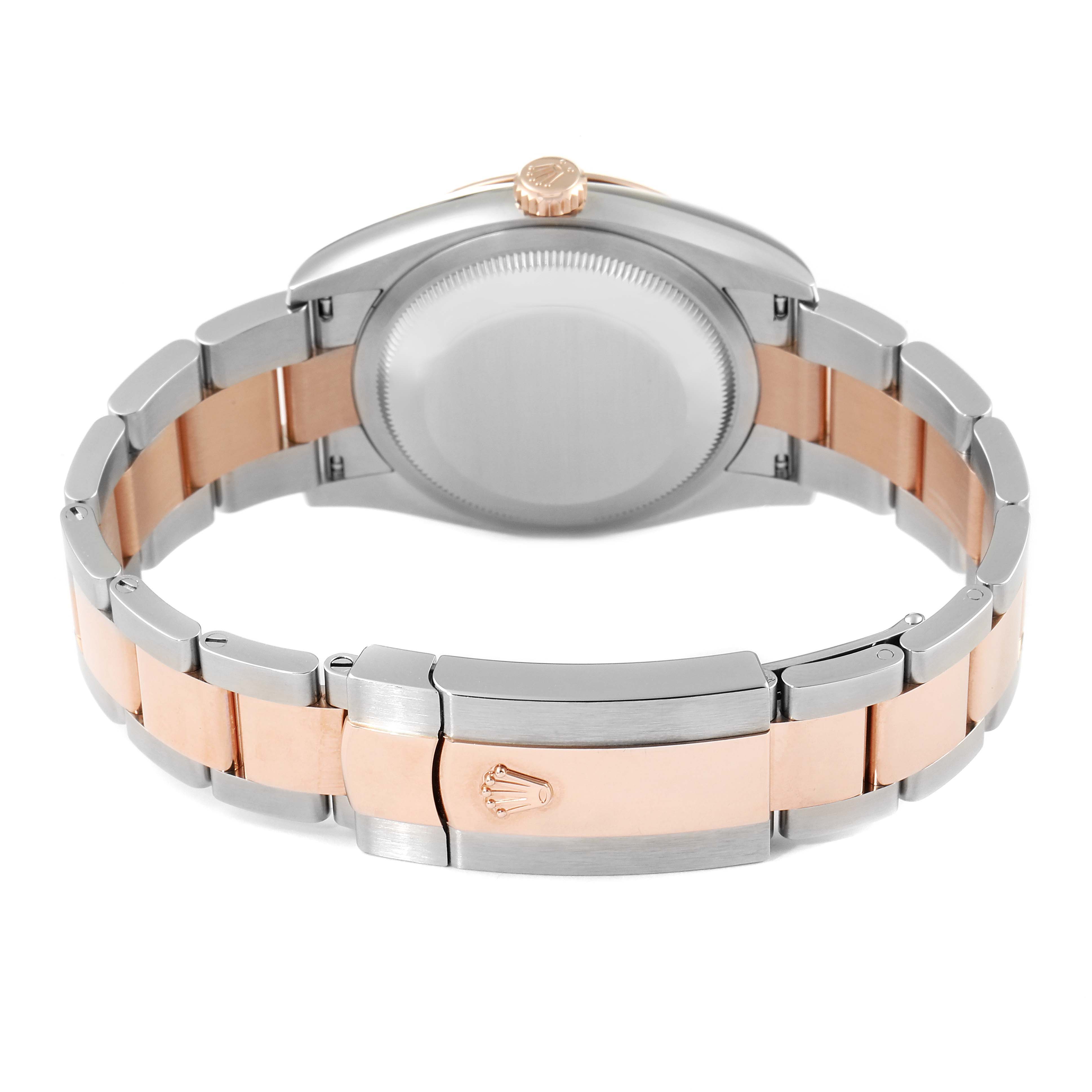 This image shows the back view of the Rolex Datejust 126231 Men's Steel and Gold (two tone) White Dial 126231 Men's Steel and Gold (two tone) White Dial watch focusing on its case back and two-tone bracelet clasp.