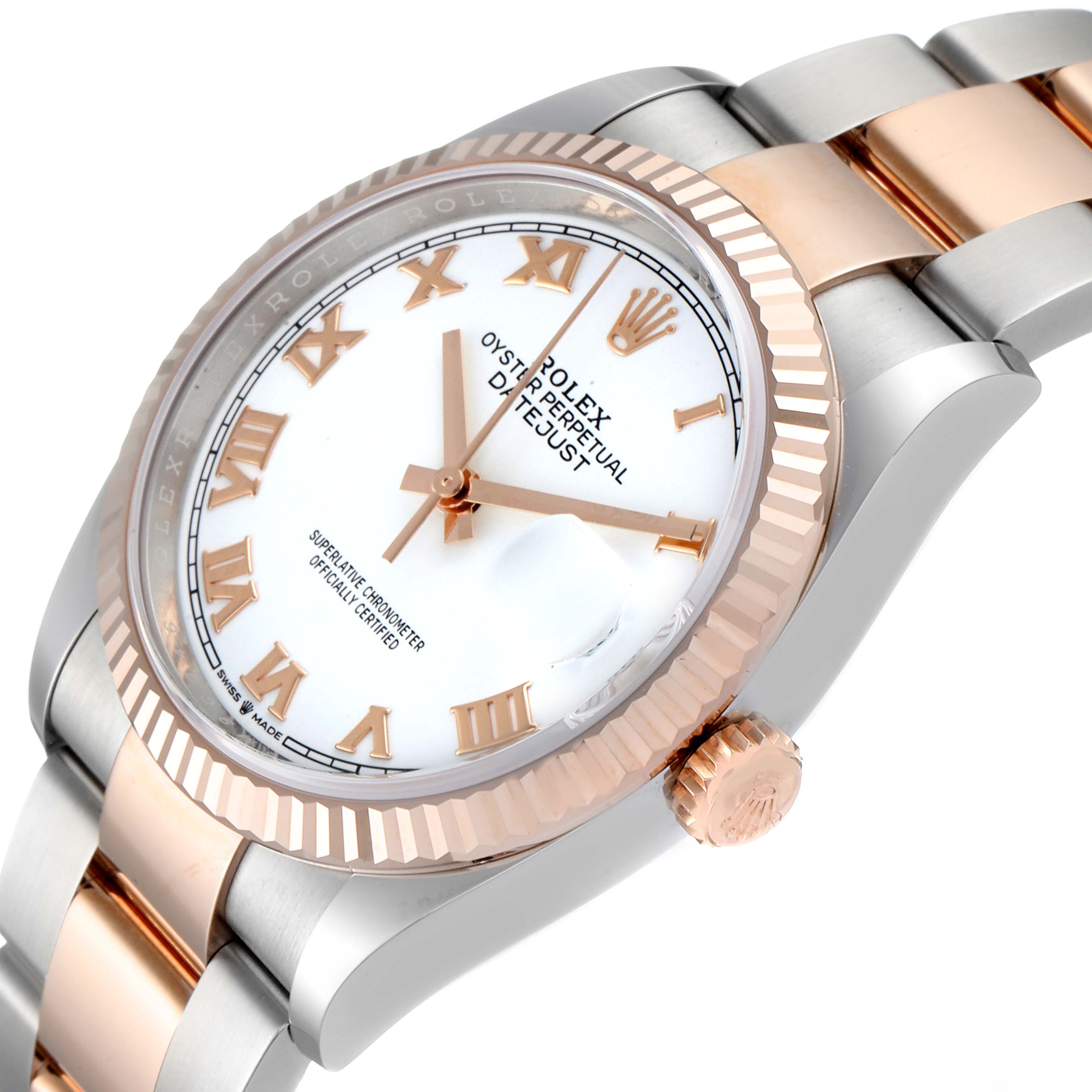 The image shows a detailed angled view of the Rolex Datejust 126231 Men's Steel and Gold (two tone) White Dial 126231 Men's Steel and Gold (two tone) White Dial watch, highlighting the dial, bezel, and bracelet.
