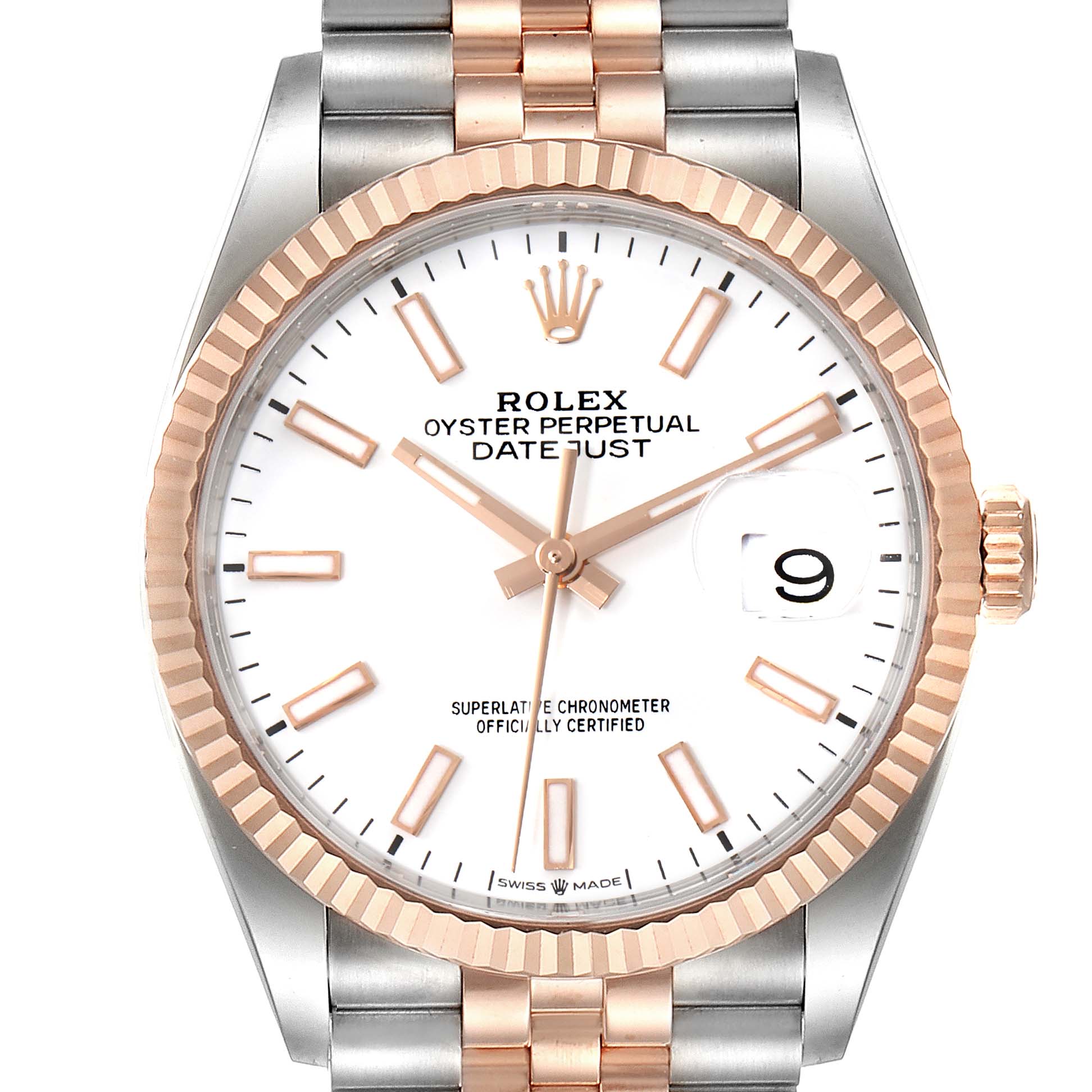 This image shows a front view of the Rolex Datejust 126231 Men's Steel and Gold (two tone) White Dial 126231 Men's Steel and Gold (two tone) White Dial watch featuring a fluted bezel, two-tone bracelet, and date display.