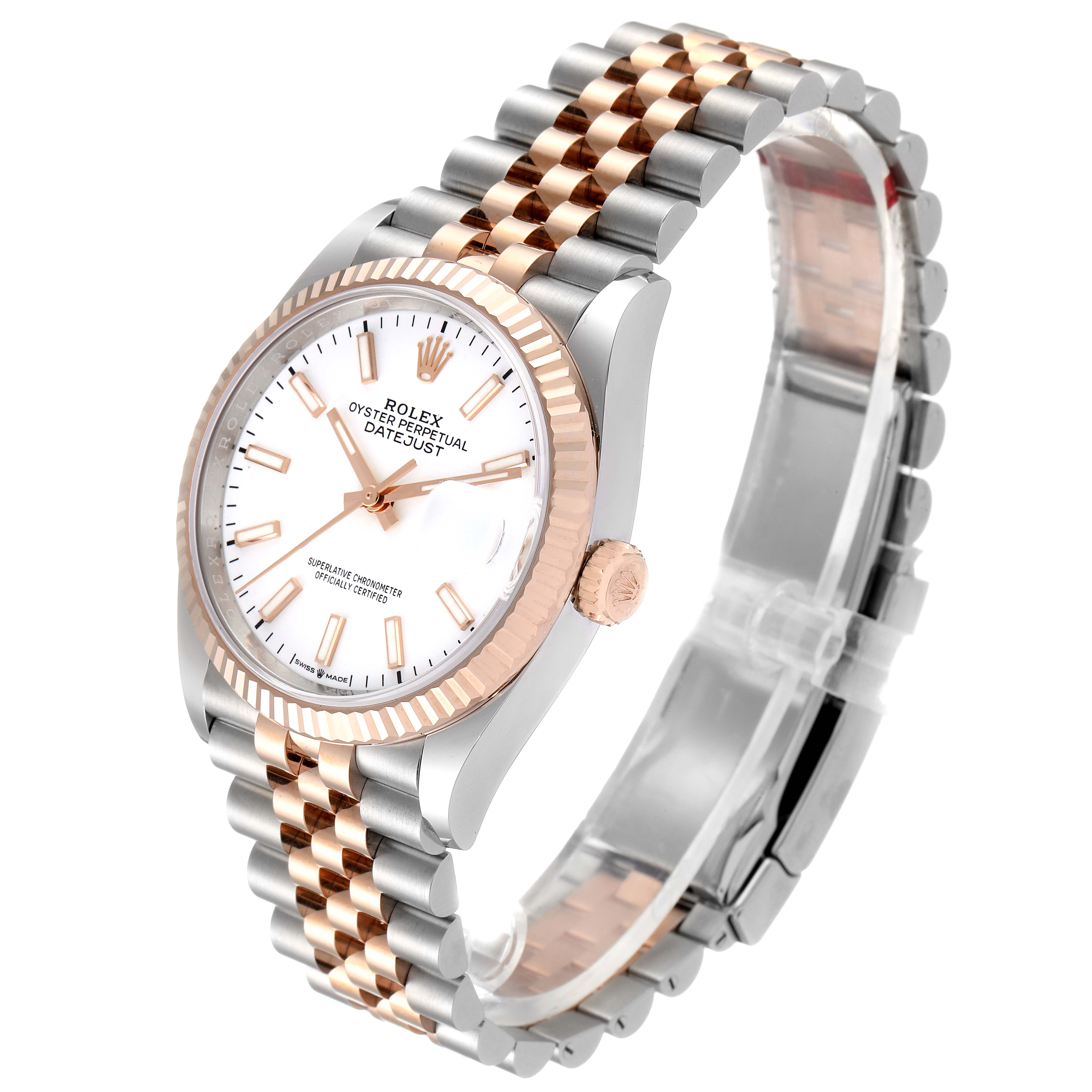 The image shows a Rolex Datejust 126231 Men's Steel and Gold (two tone) White Dial 126231 Men's Steel and Gold (two tone) White Dial watch from a diagonal angle, highlighting the face, bezel, crown, and two-tone band.